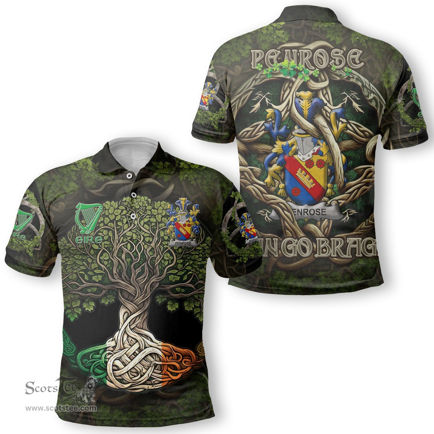 ScotsTee Shop Irish Penrose Coat of Arms Irish Polo Shirt Family Crest Irish Is My Root Polo Shirt