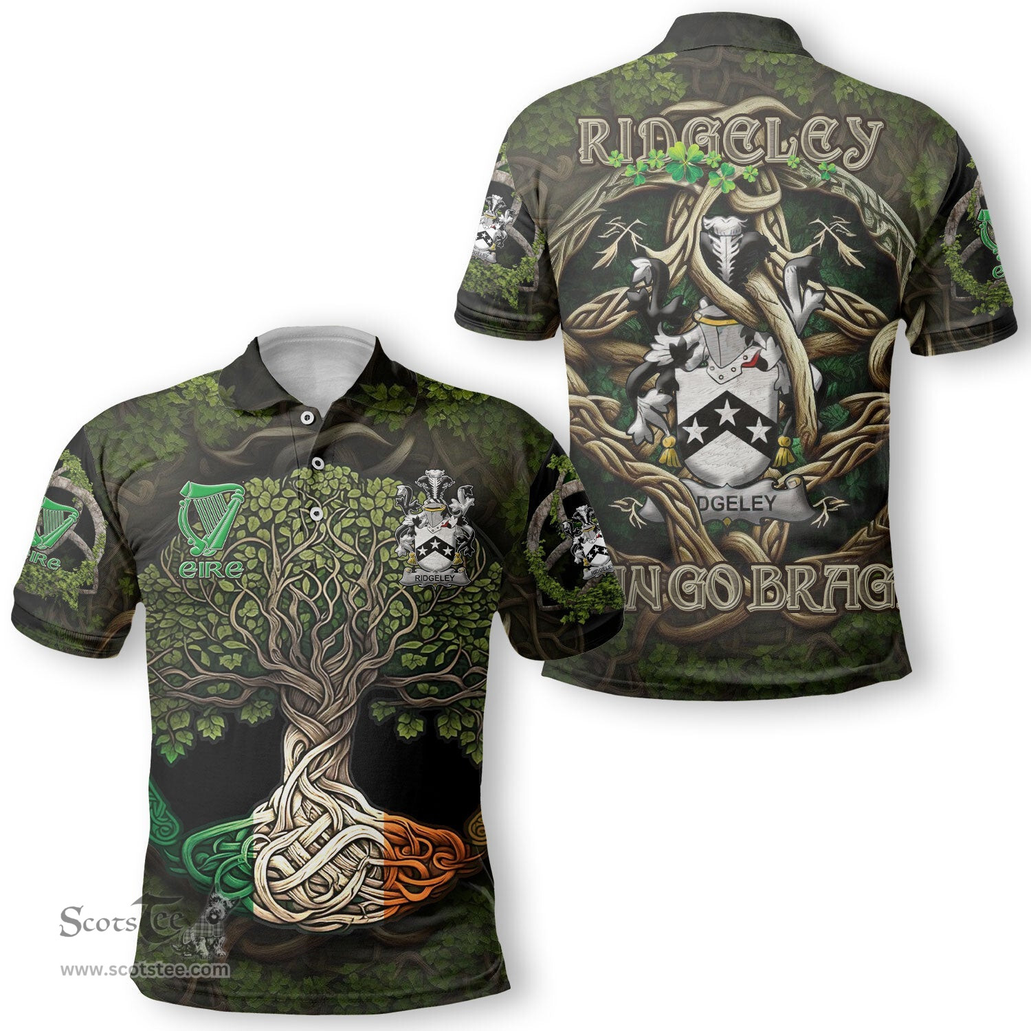 ScotsTee Shop Irish Ridgeley Coat of Arms Irish Polo Shirt Family Crest Irish Is My Root Polo Shirt