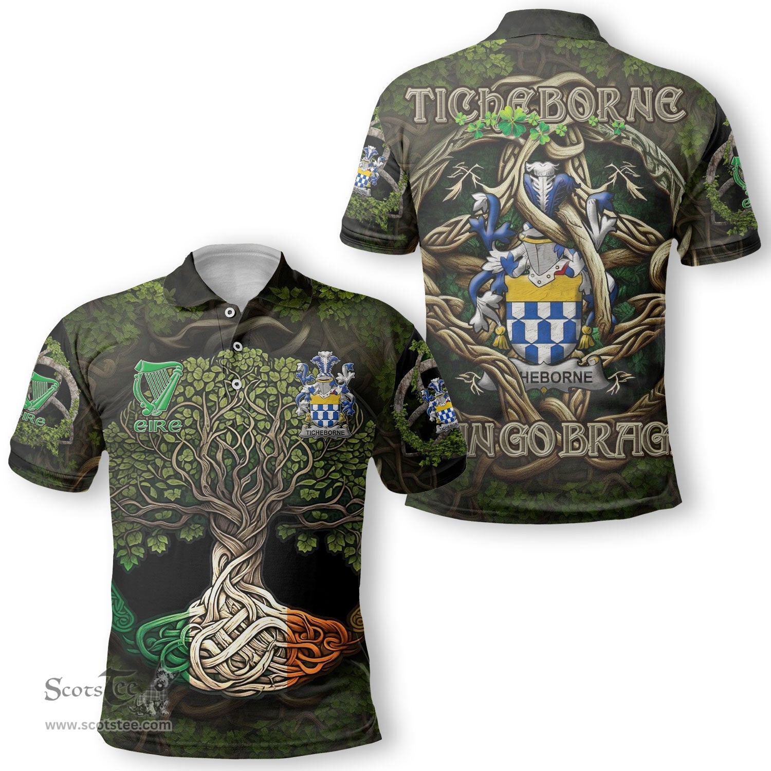 ScotsTee Shop Irish Ticheborne Coat of Arms Irish Polo Shirt Family Crest Irish Is My Root Polo Shirt
