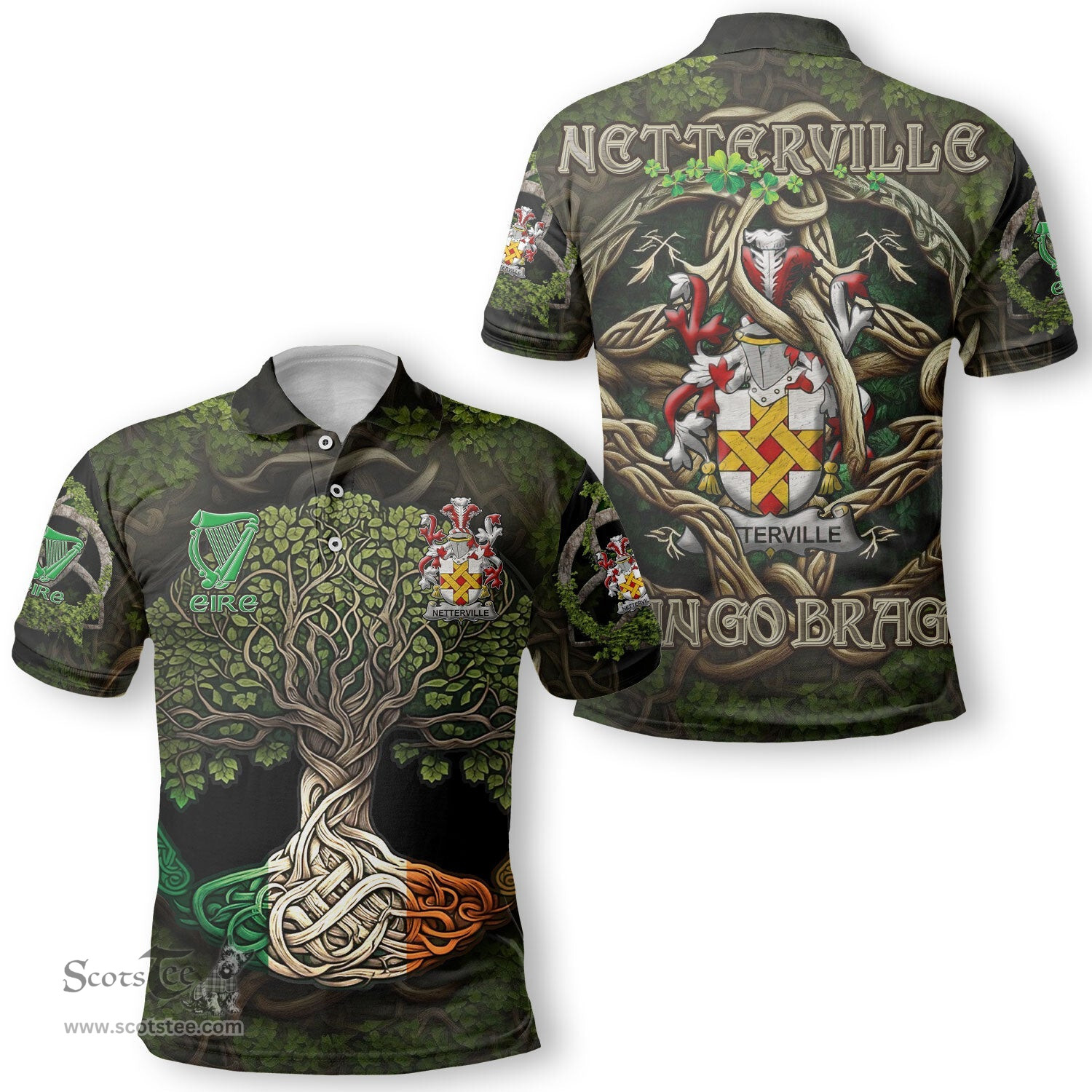ScotsTee Shop Irish Netterville or Netterfield Coat of Arms Irish Polo Shirt Family Crest Irish Is My Root Polo Shirt