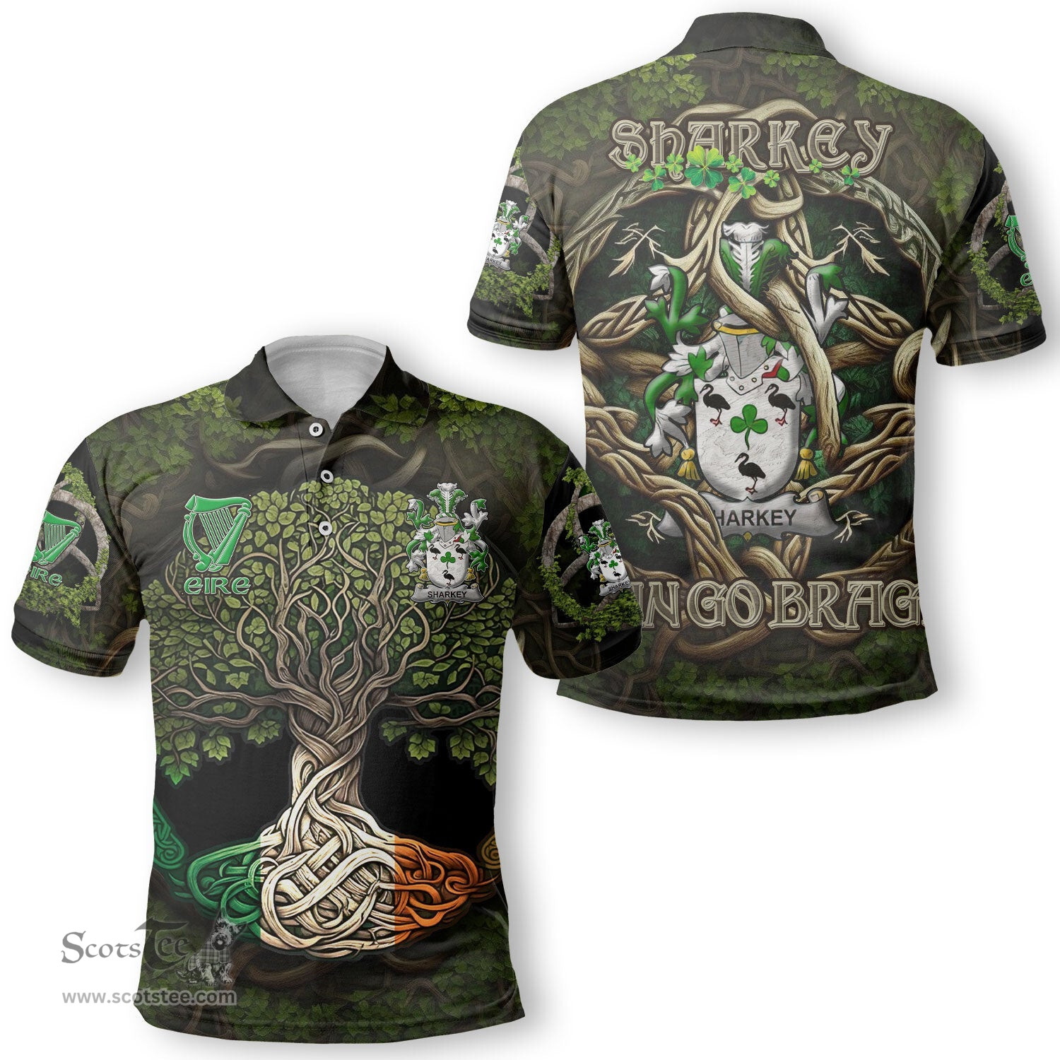 ScotsTee Shop Irish Sharkey or O Sharkey Coat of Arms Irish Polo Shirt Family Crest Irish Is My Root Polo Shirt