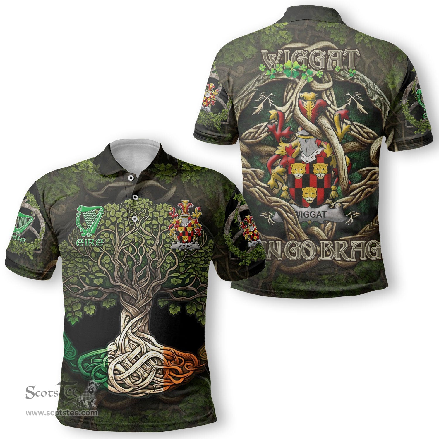 ScotsTee Shop Irish Wiggat Coat of Arms Irish Polo Shirt Family Crest Irish Is My Root Polo Shirt