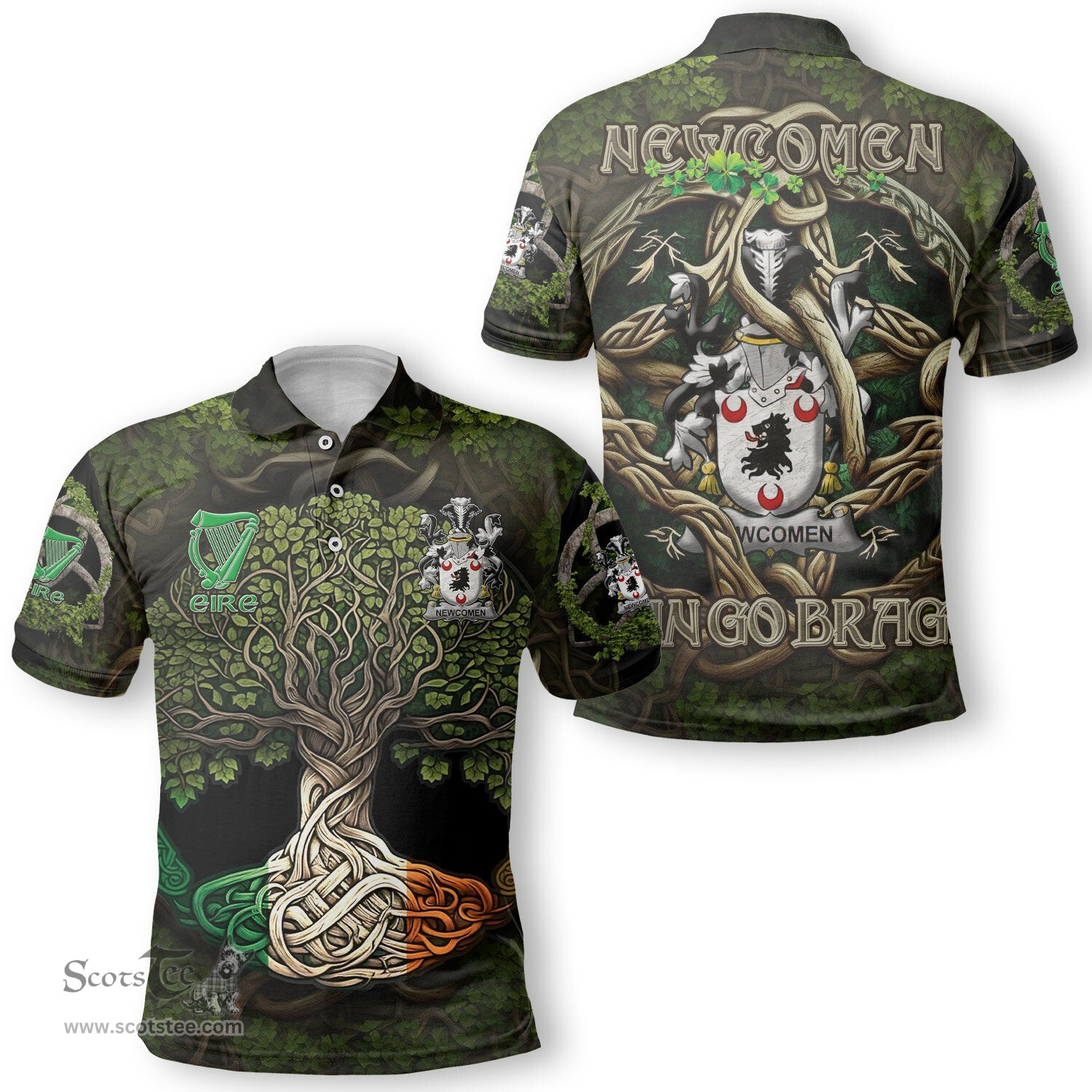 ScotsTee Shop Irish Newcomen or Newcombe Coat of Arms Irish Polo Shirt Family Crest Irish Is My Root Polo Shirt
