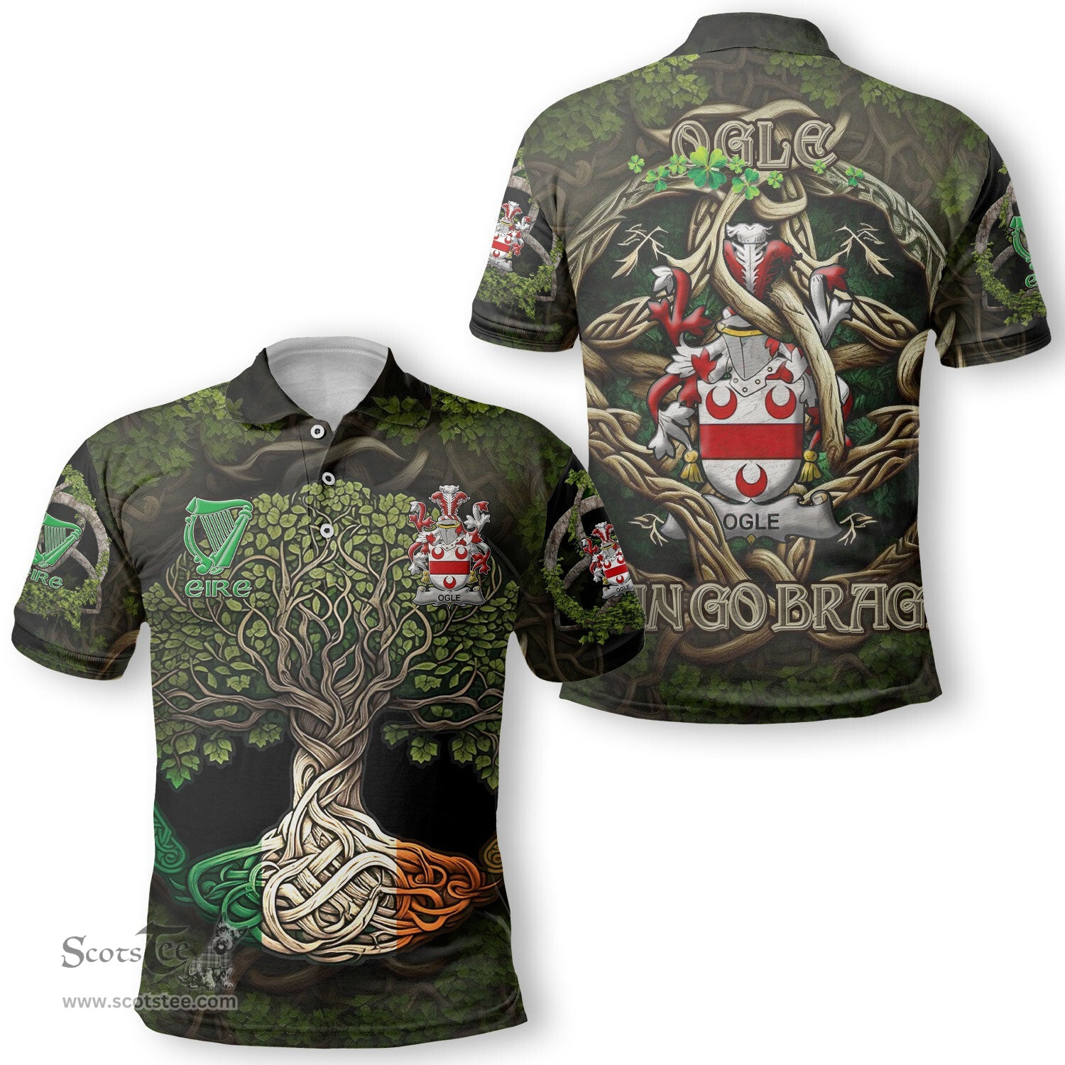 ScotsTee Shop Irish Ogle Coat of Arms Irish Polo Shirt Family Crest Irish Is My Root Polo Shirt