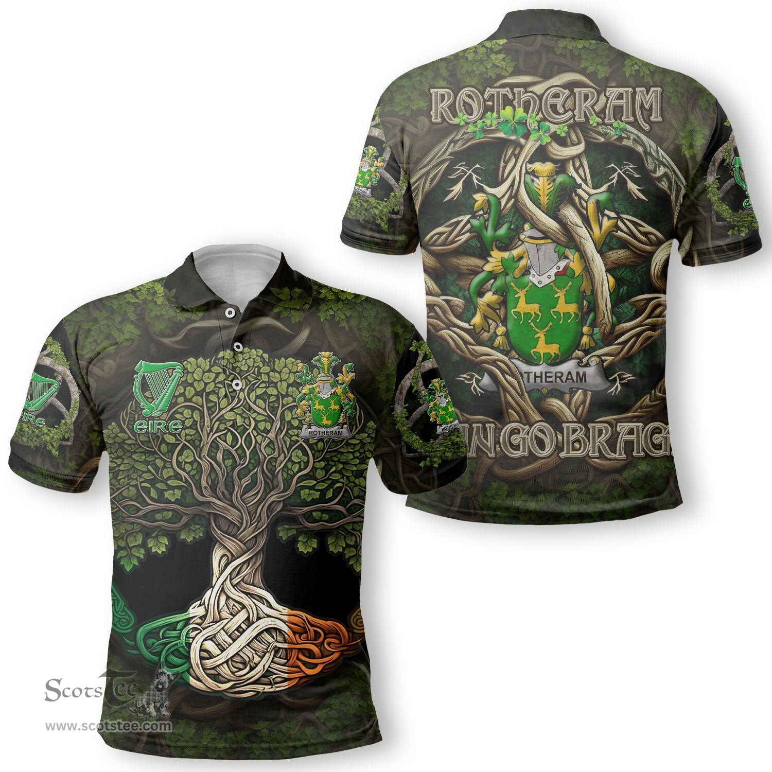 ScotsTee Shop Irish Rotheram Coat of Arms Irish Polo Shirt Family Crest Irish Is My Root Polo Shirt