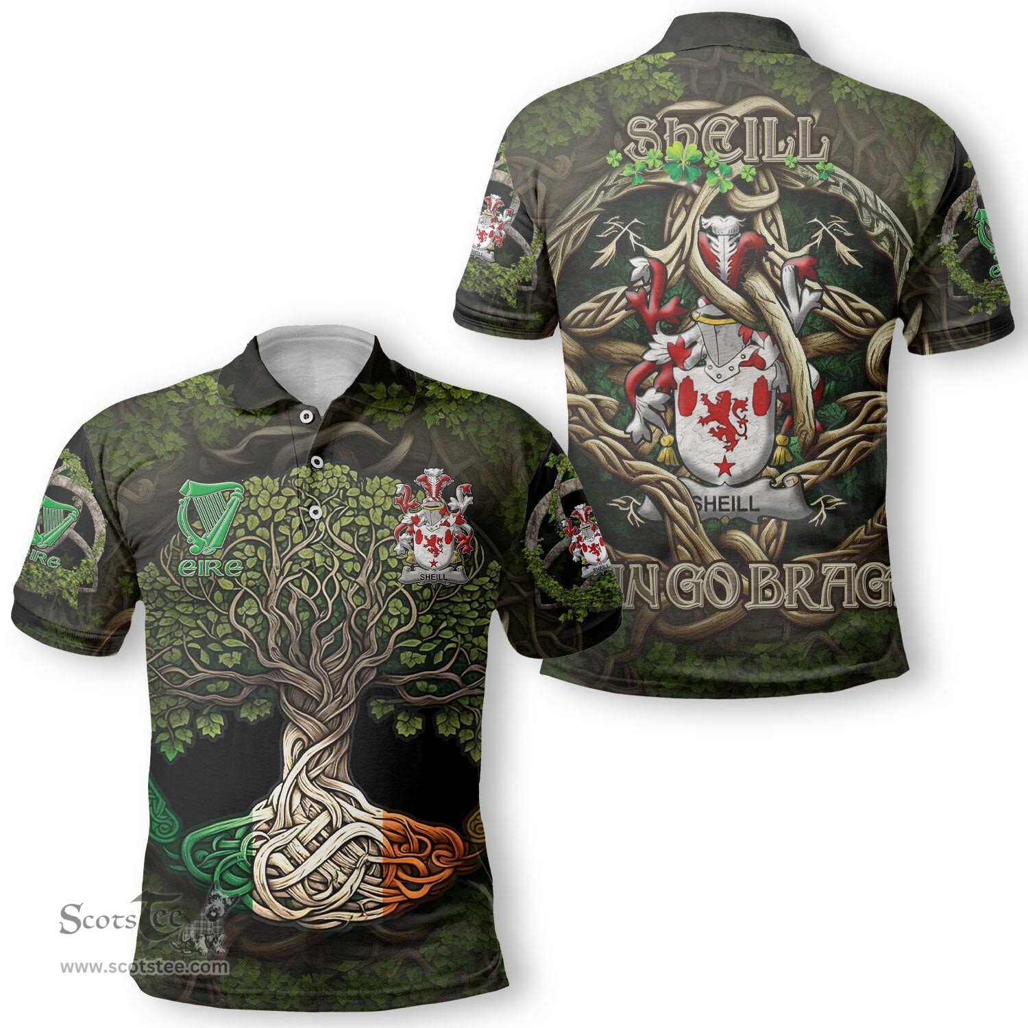 ScotsTee Shop Irish Sheill or O Sheil Coat of Arms Irish Polo Shirt Family Crest Irish Is My Root Polo Shirt