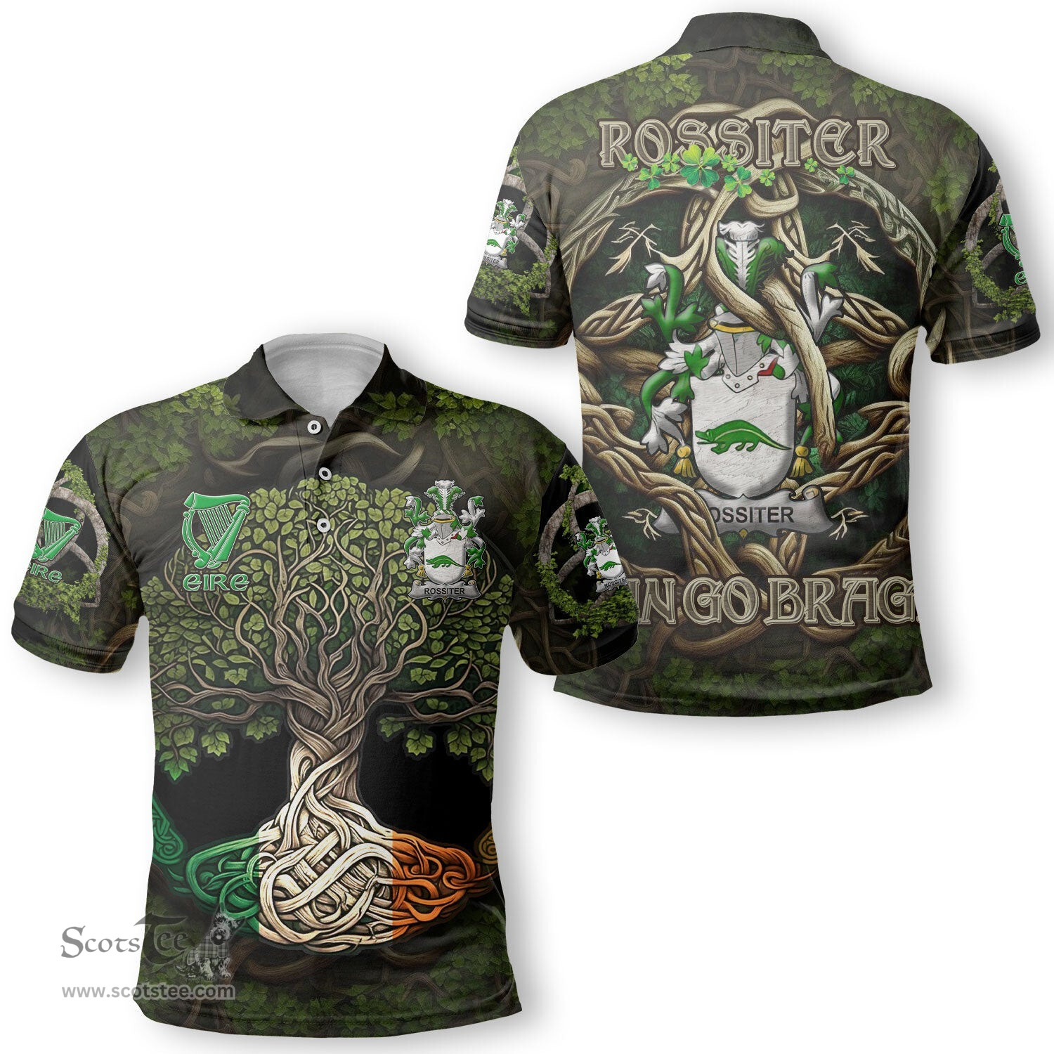 ScotsTee Shop Irish Rossiter Coat of Arms Irish Polo Shirt Family Crest Irish Is My Root Polo Shirt