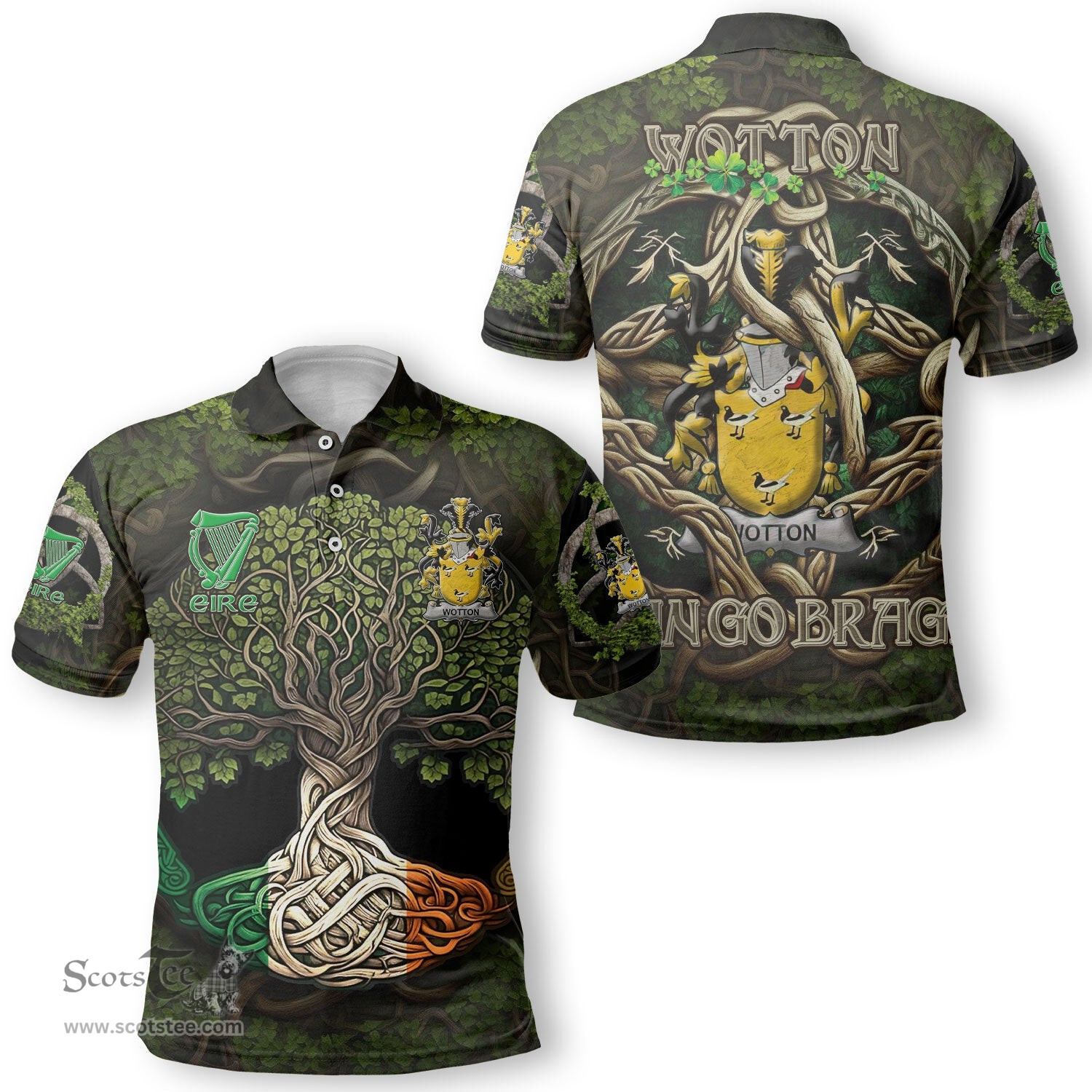 ScotsTee Shop Irish Wotton Coat of Arms Irish Polo Shirt Family Crest Irish Is My Root Polo Shirt