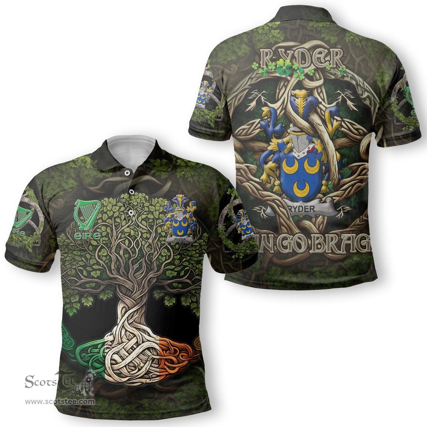 ScotsTee Shop Irish Ryder Coat of Arms Irish Polo Shirt Family Crest Irish Is My Root Polo Shirt
