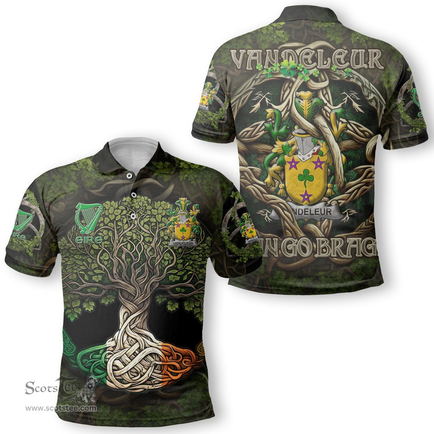 ScotsTee Shop Irish Vandeleur Coat of Arms Irish Polo Shirt Family Crest Irish Is My Root Polo Shirt