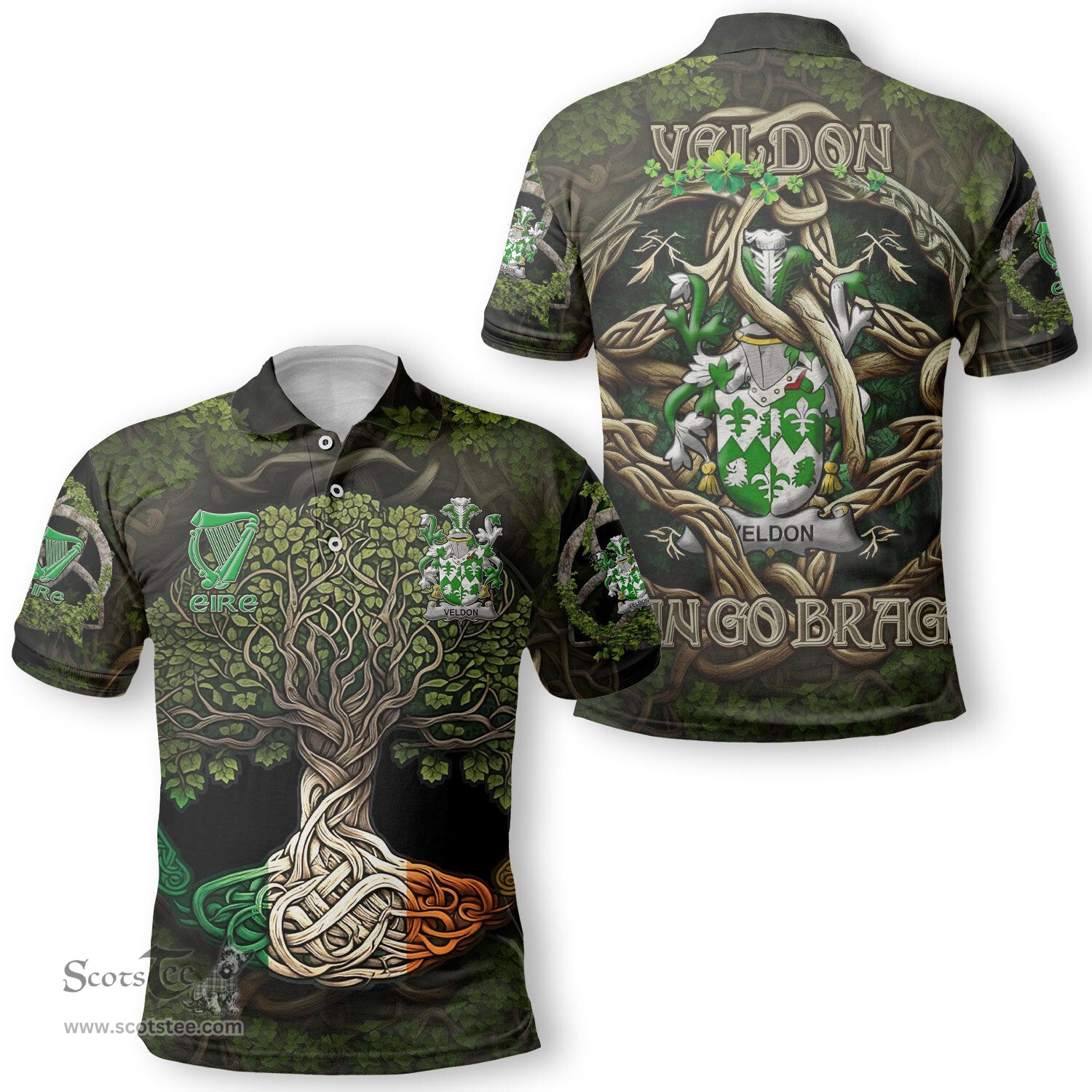 ScotsTee Shop Irish Veldon Coat of Arms Irish Polo Shirt Family Crest Irish Is My Root Polo Shirt