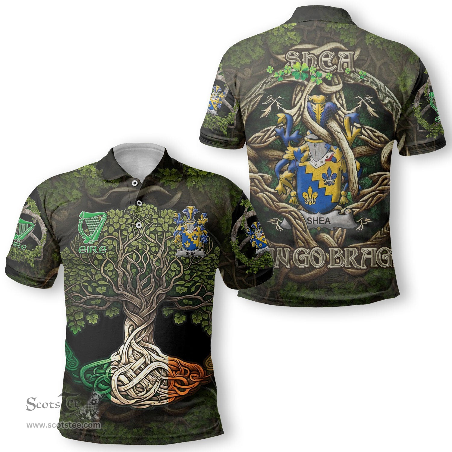 ScotsTee Shop Irish Shea or O Shee Coat of Arms Irish Polo Shirt Family Crest Irish Is My Root Polo Shirt