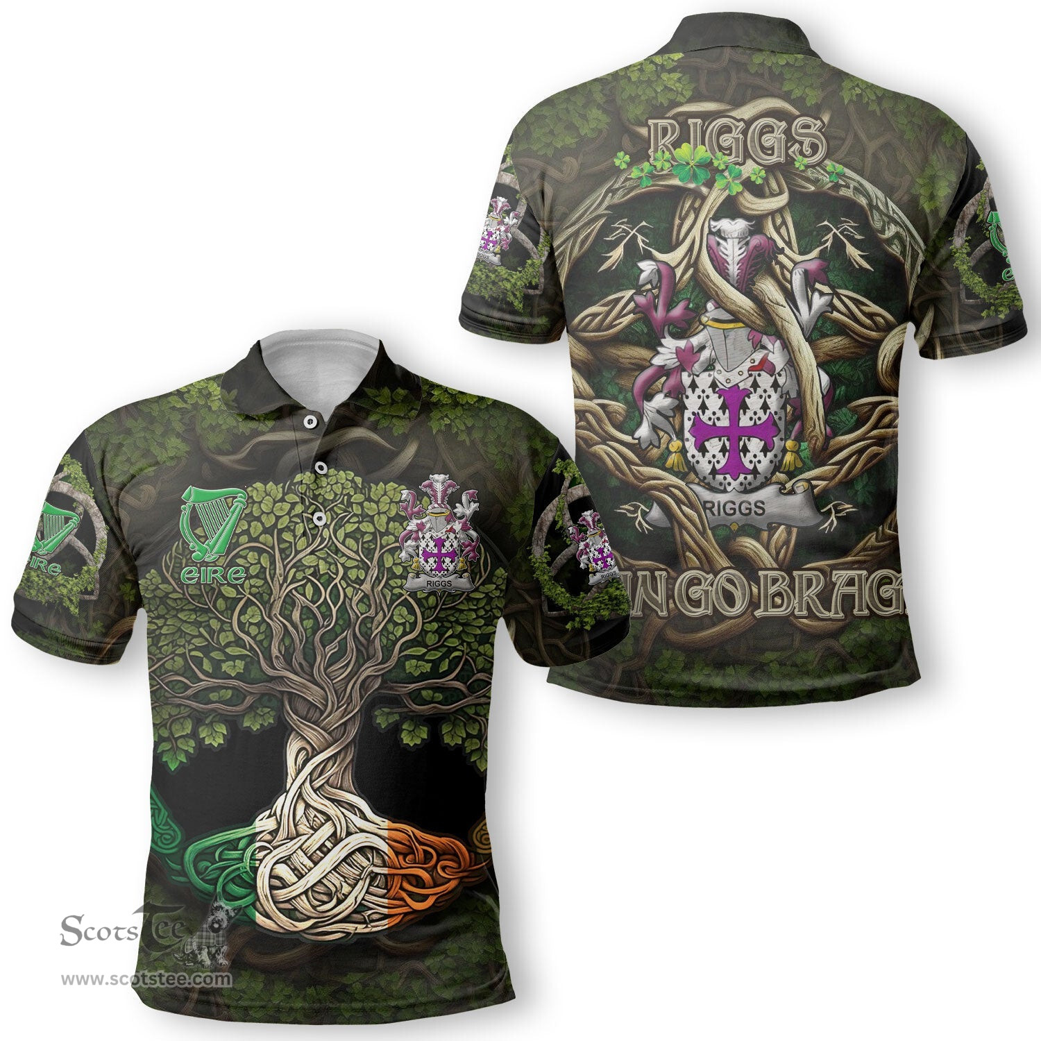 ScotsTee Shop Irish Riggs Coat of Arms Irish Polo Shirt Family Crest Irish Is My Root Polo Shirt