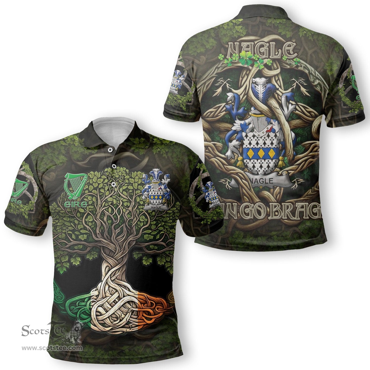 ScotsTee Shop Irish Nagle Coat of Arms Irish Polo Shirt Family Crest Irish Is My Root Polo Shirt