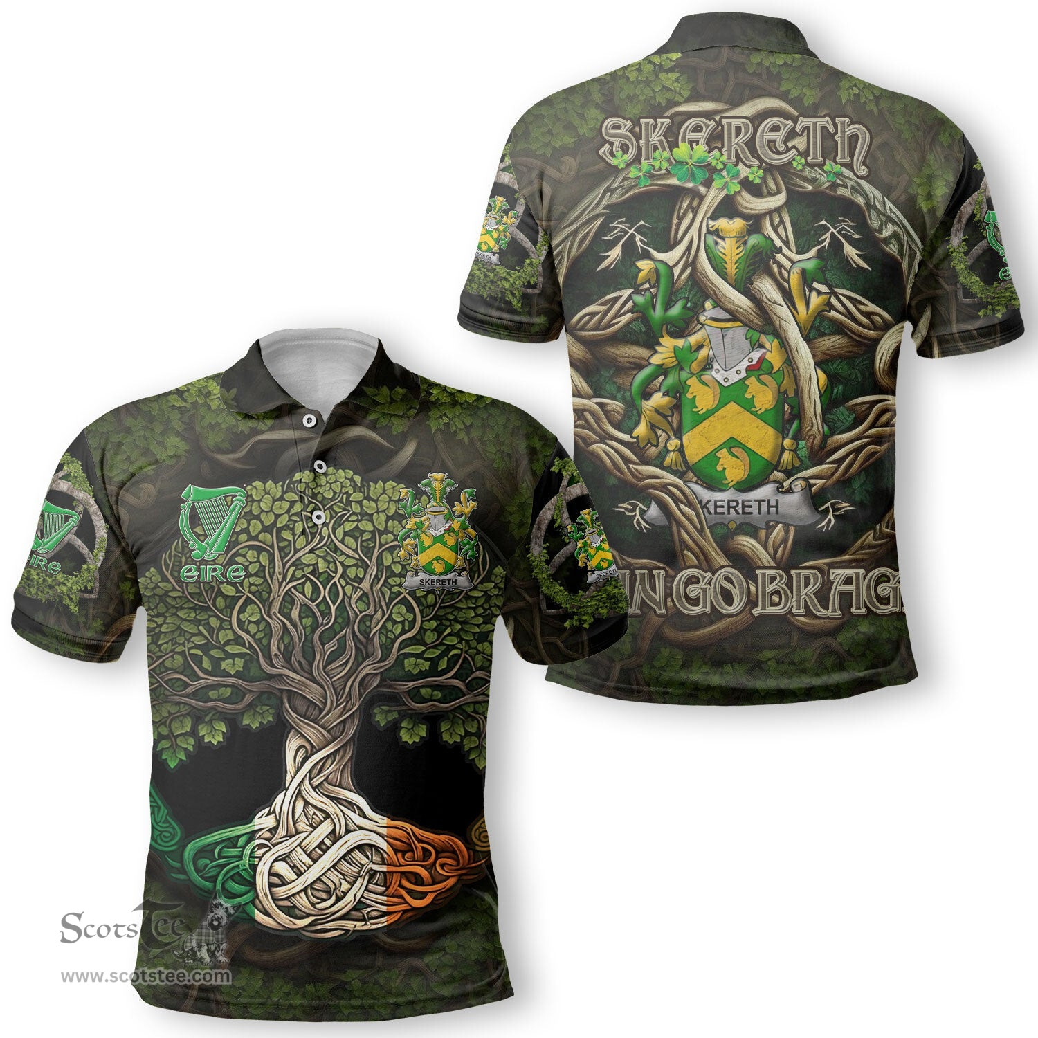 ScotsTee Shop Irish Skereth or Skerret Coat of Arms Irish Polo Shirt Family Crest Irish Is My Root Polo Shirt