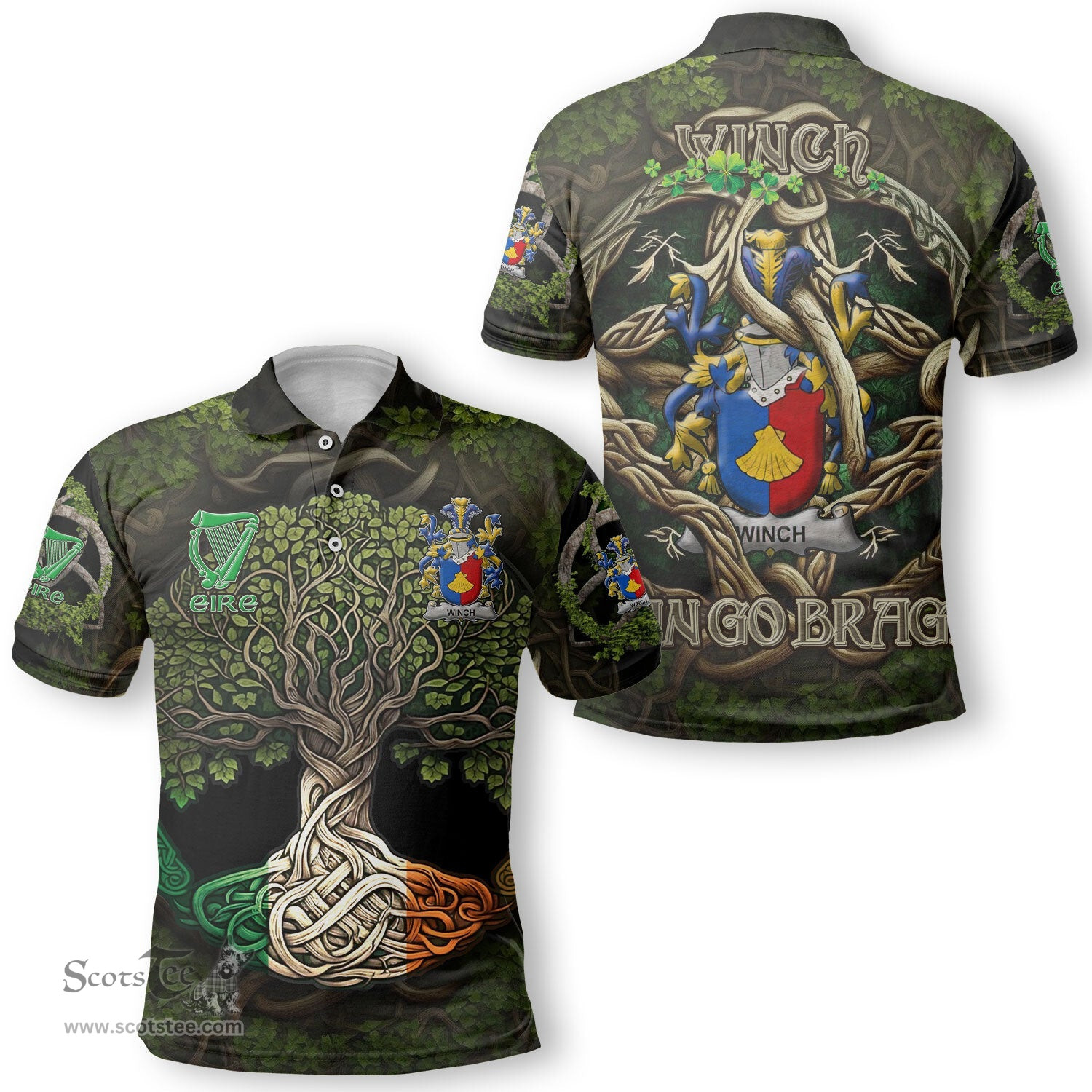 ScotsTee Shop Irish Winch Coat of Arms Irish Polo Shirt Family Crest Irish Is My Root Polo Shirt