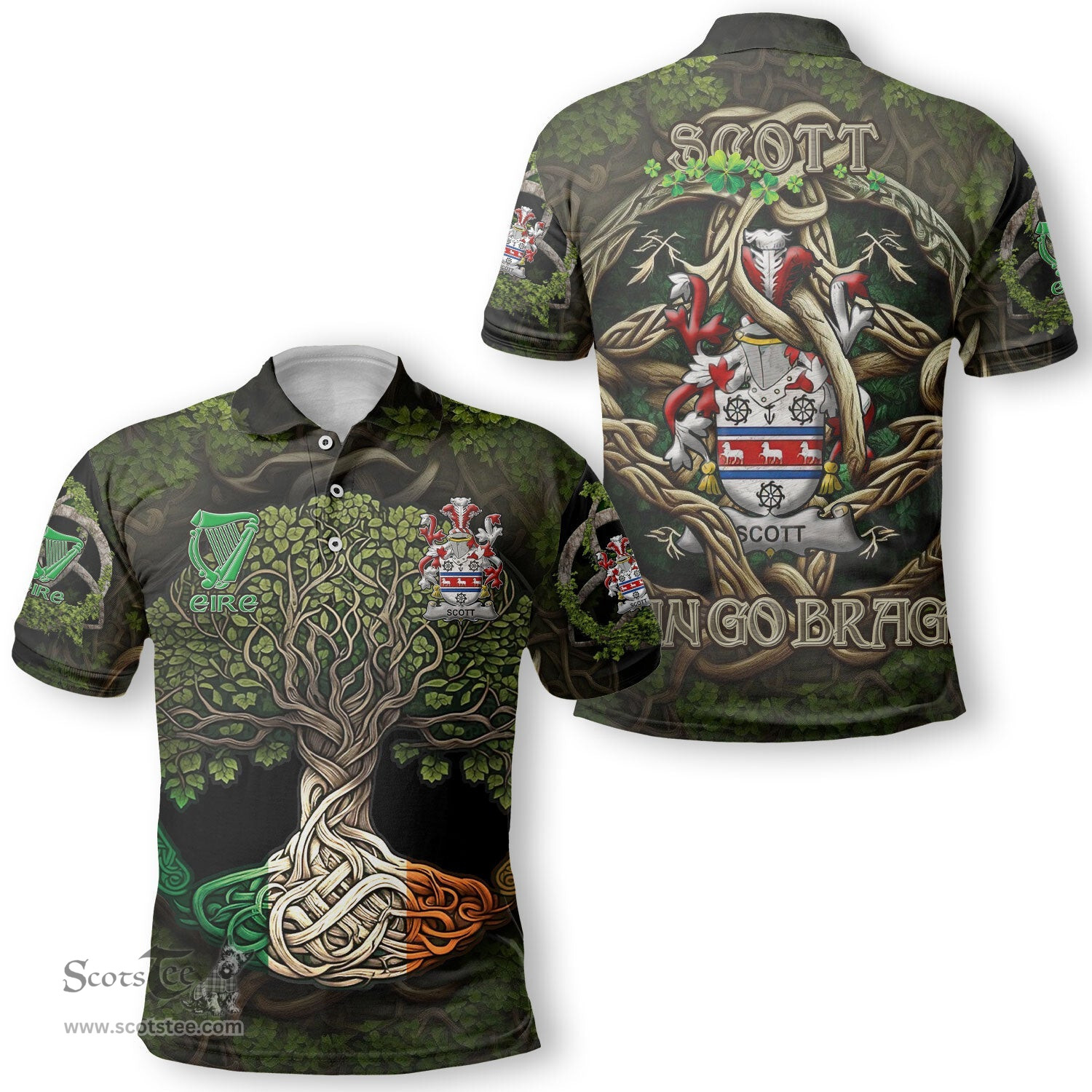 ScotsTee Shop Irish Scott Coat of Arms Irish Polo Shirt Family Crest Irish Is My Root Polo Shirt