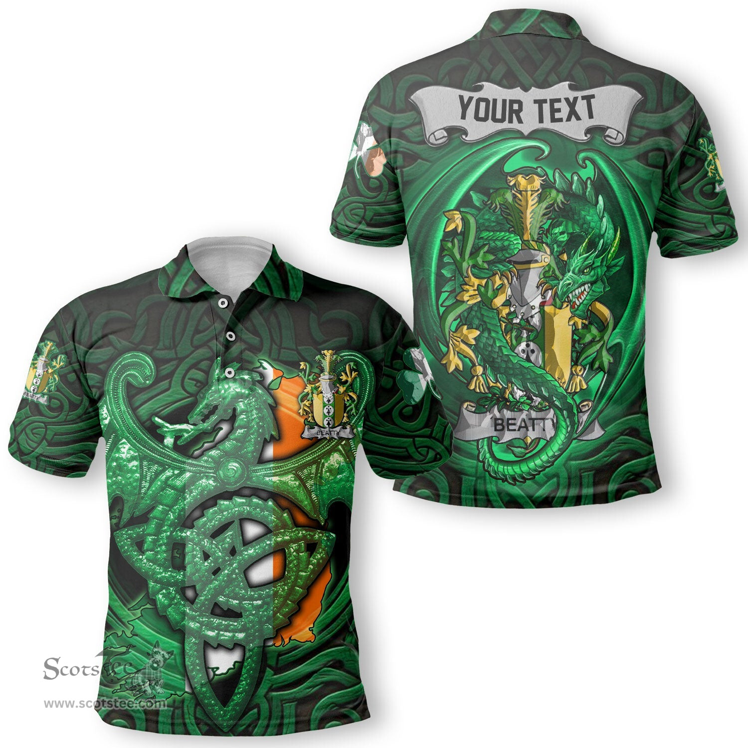 ScotsTee Shop Irish Beatty or Betagh Coat of Arms Irish Polo Shirt Family Crest Green Dragon Of Ireland Polo Shirt