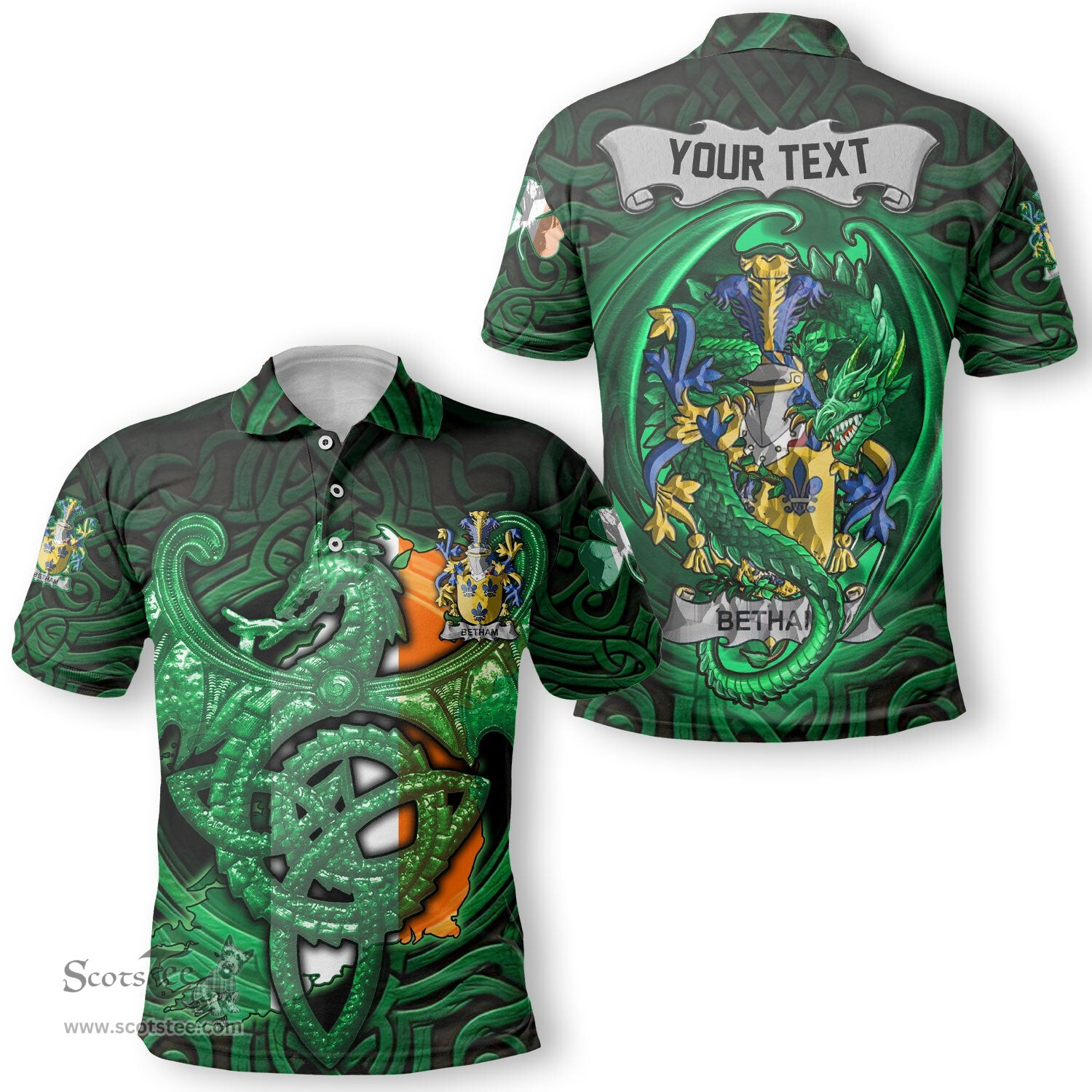 ScotsTee Shop Irish Betham Coat of Arms Irish Polo Shirt Family Crest Green Dragon Of Ireland Polo Shirt