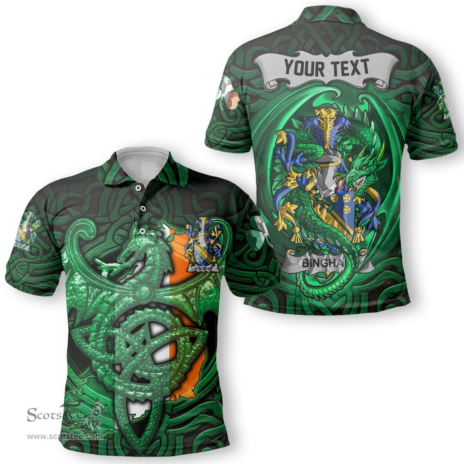 ScotsTee Shop Irish Bingham Coat of Arms Irish Polo Shirt Family Crest Green Dragon Of Ireland Polo Shirt