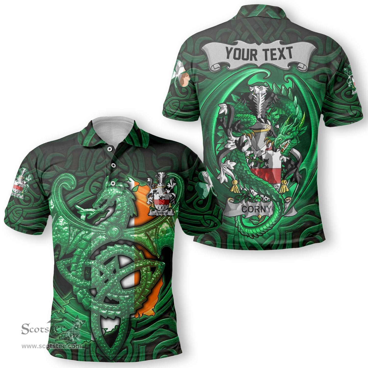 ScotsTee Shop Irish Cornyn or O Cornyn Coat of Arms Irish Polo Shirt Family Crest Green Dragon Of Ireland Polo Shirt