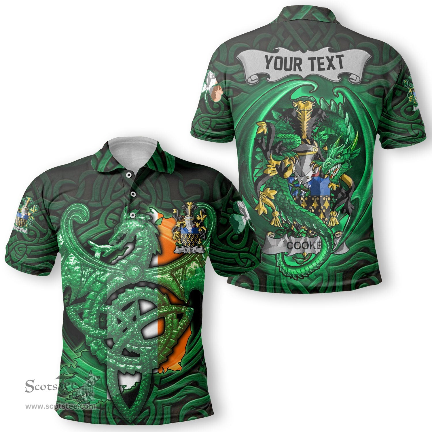ScotsTee Shop Irish Cooke Coat of Arms Irish Polo Shirt Family Crest Green Dragon Of Ireland Polo Shirt
