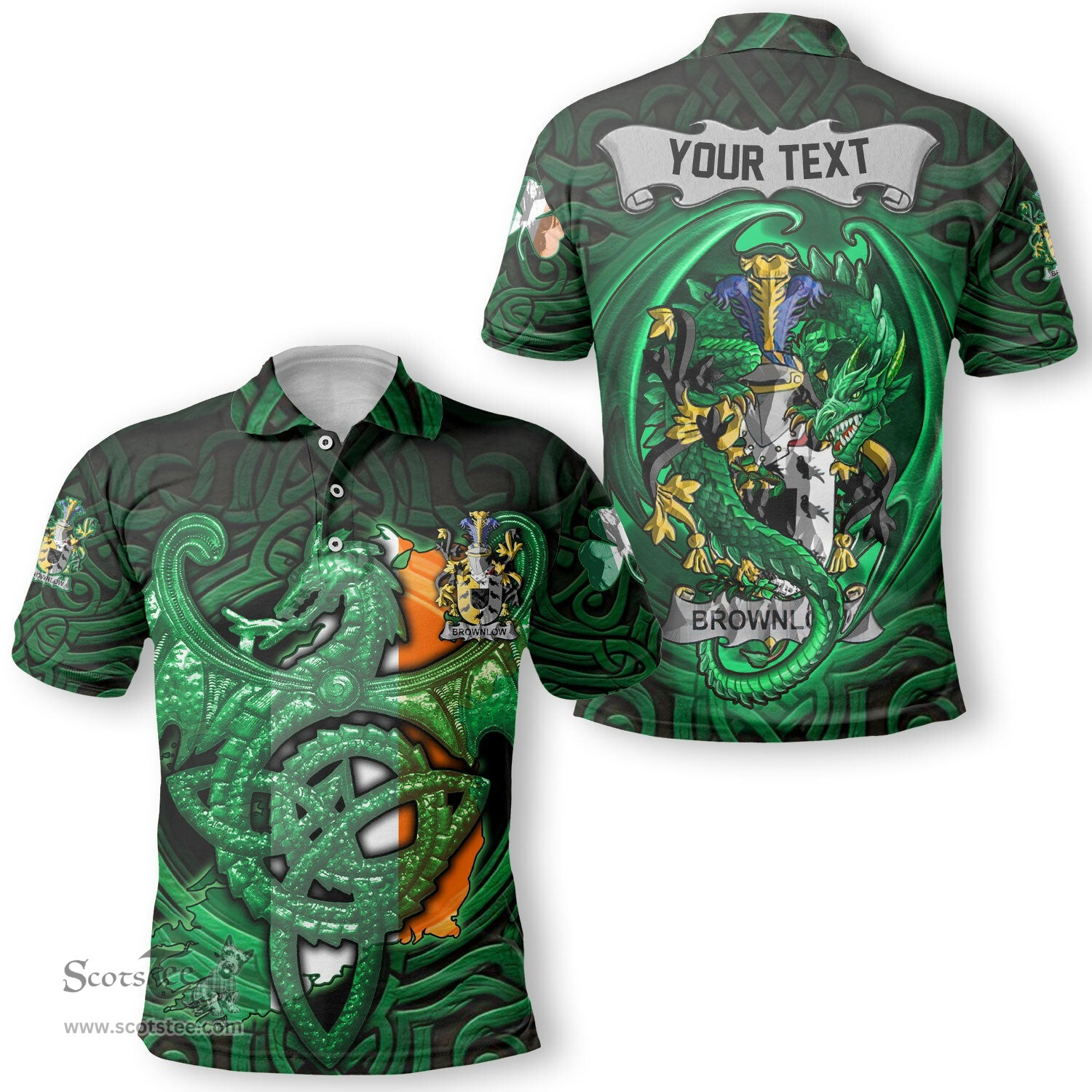ScotsTee Shop Irish Brownlow Coat of Arms Irish Polo Shirt Family Crest Green Dragon Of Ireland Polo Shirt