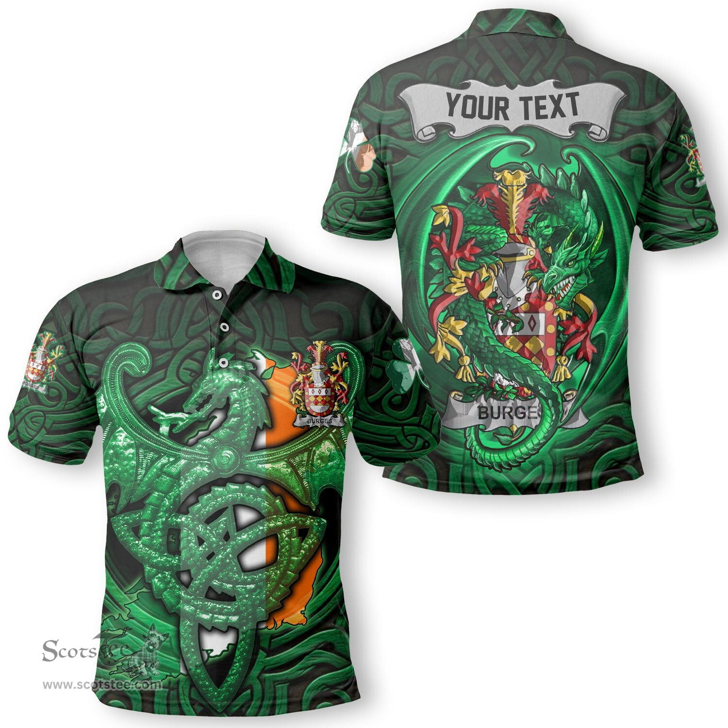 ScotsTee Shop Irish Burges Coat of Arms Irish Polo Shirt Family Crest Green Dragon Of Ireland Polo Shirt