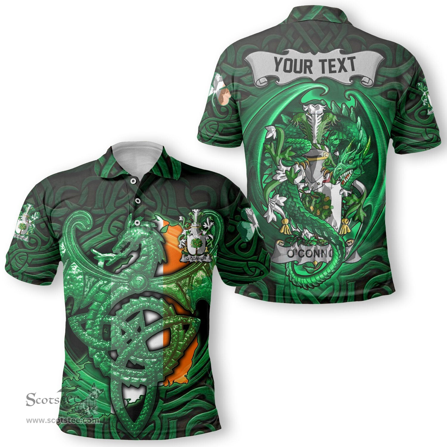 ScotsTee Shop Irish Connor or O Connor Faly Coat of Arms Irish Polo Shirt Family Crest Green Dragon Of Ireland Polo Shirt