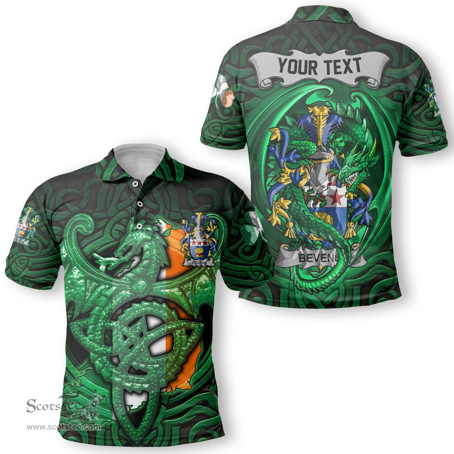 ScotsTee Shop Irish Bevens Coat of Arms Irish Polo Shirt Family Crest Green Dragon Of Ireland Polo Shirt