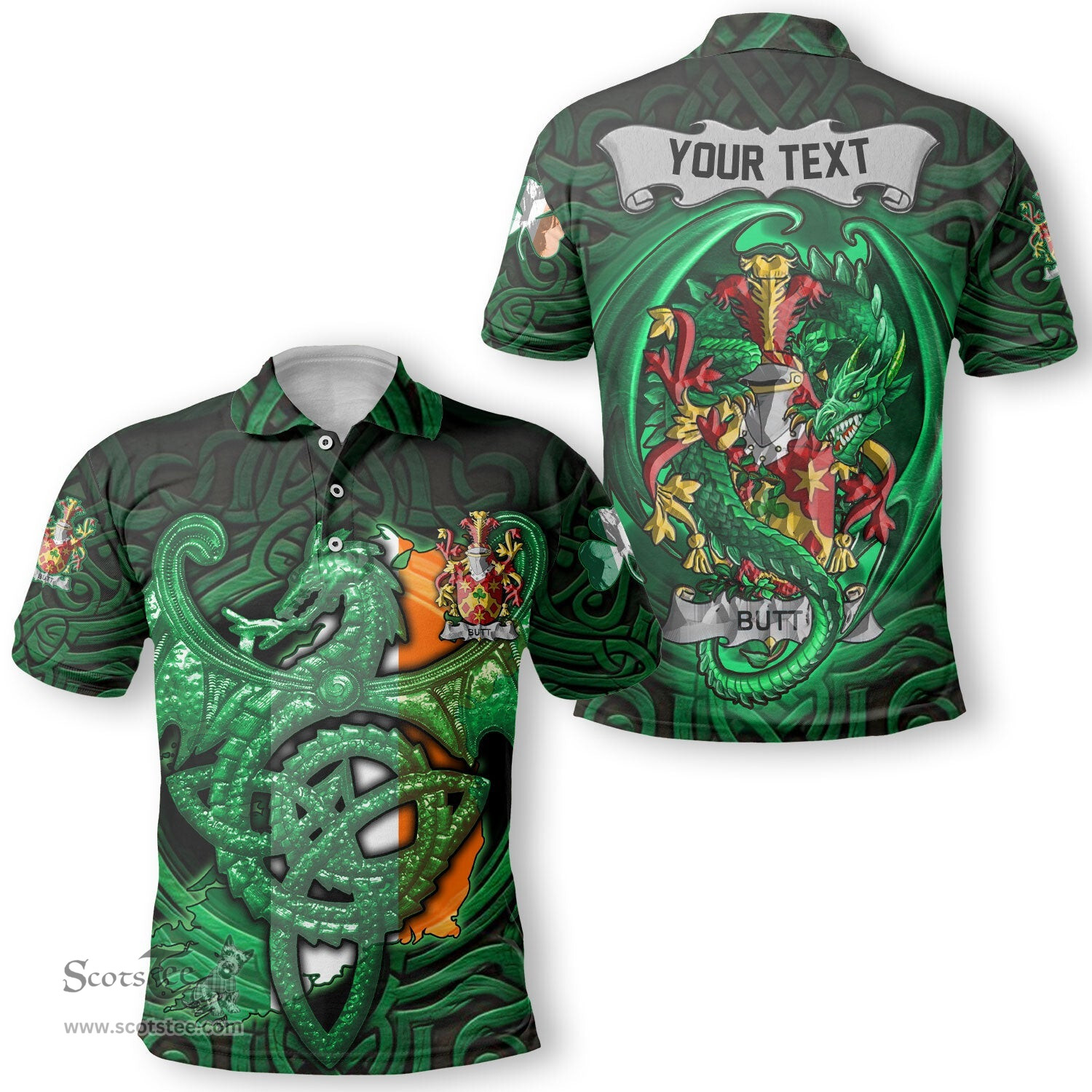 ScotsTee Shop Irish Butt Coat of Arms Irish Polo Shirt Family Crest Green Dragon Of Ireland Polo Shirt