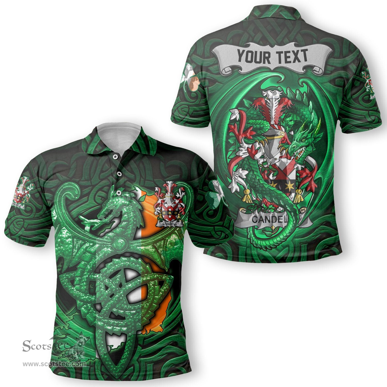 ScotsTee Shop Irish Candell Coat of Arms Irish Polo Shirt Family Crest Green Dragon Of Ireland Polo Shirt