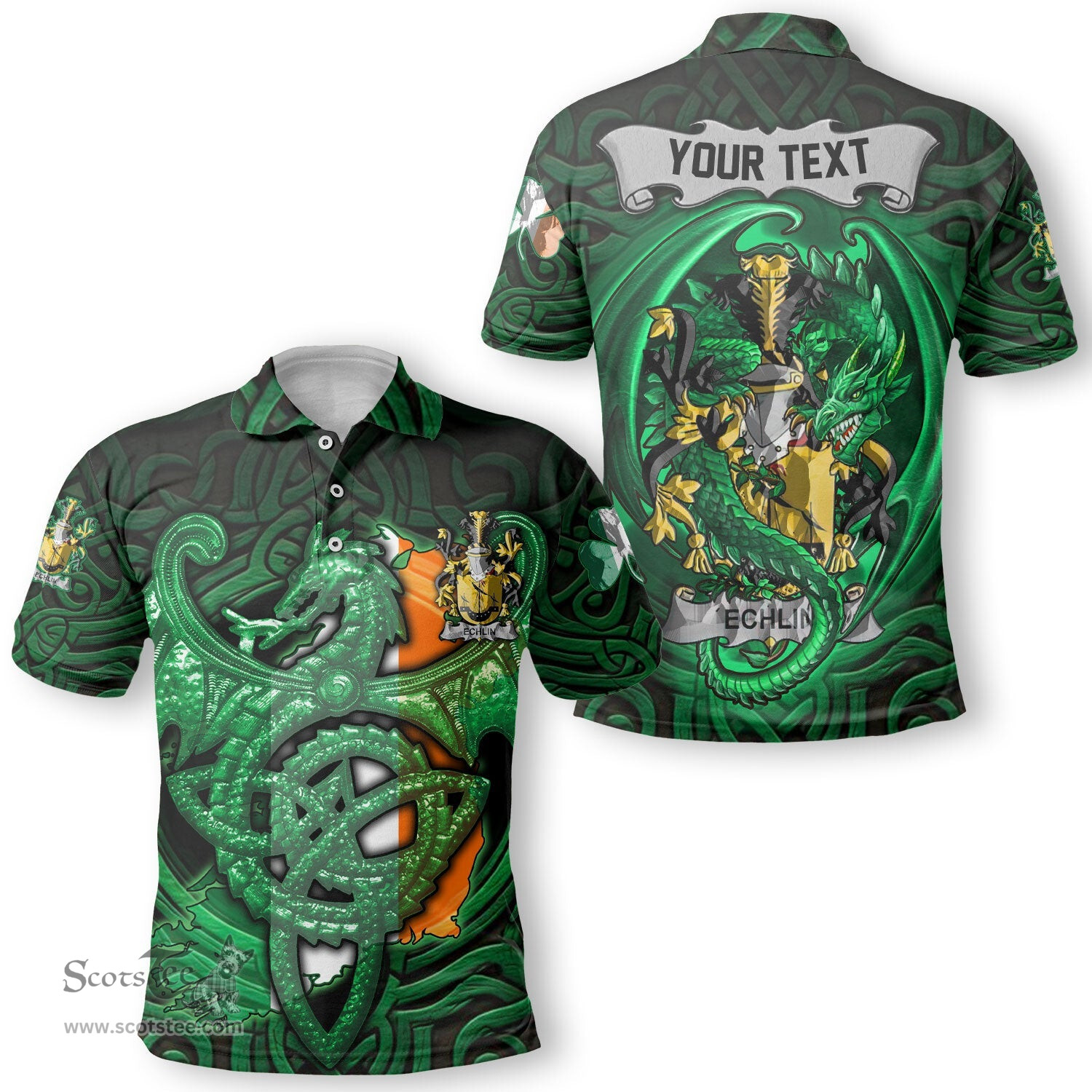 ScotsTee Shop Irish Echlin Coat of Arms Irish Polo Shirt Family Crest Green Dragon Of Ireland Polo Shirt