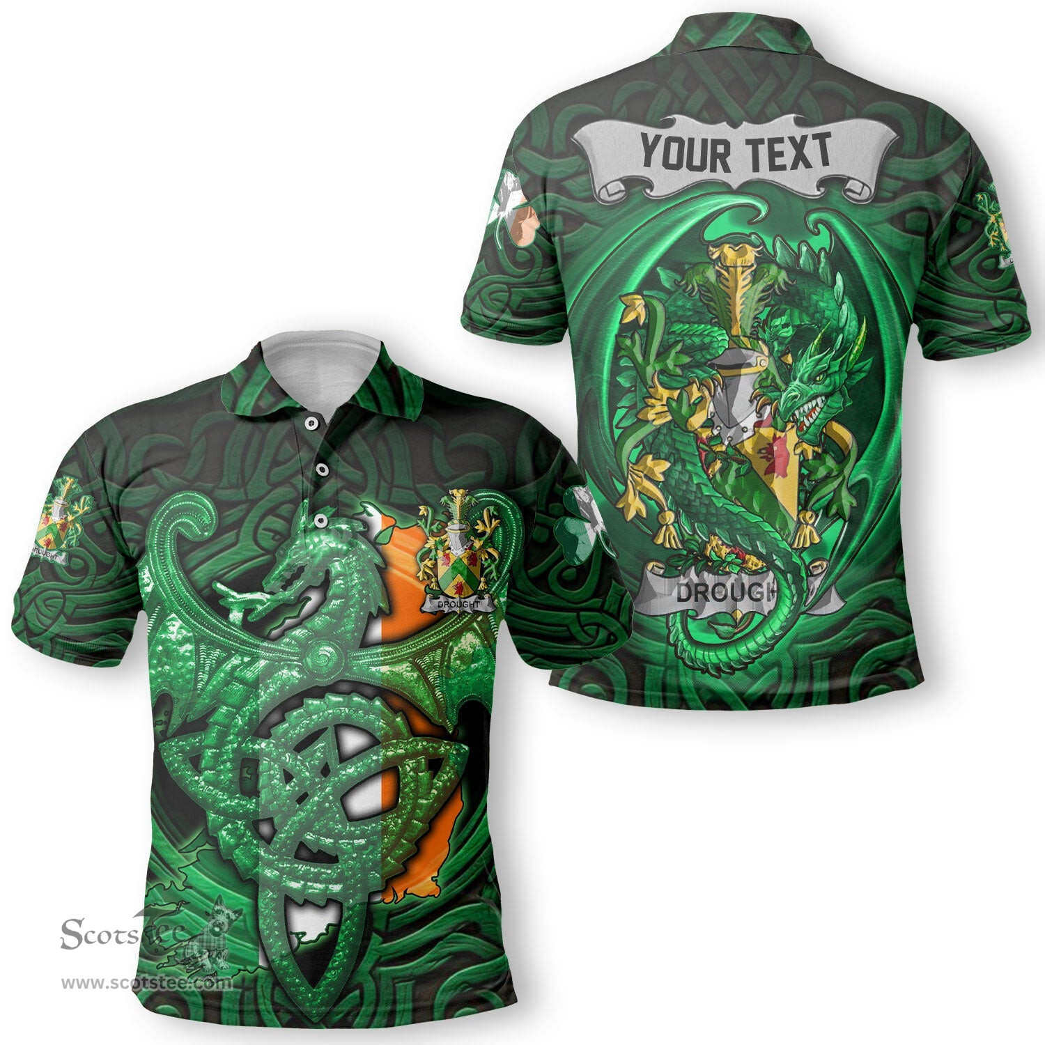 ScotsTee Shop Irish Drought Coat of Arms Irish Polo Shirt Family Crest Green Dragon Of Ireland Polo Shirt