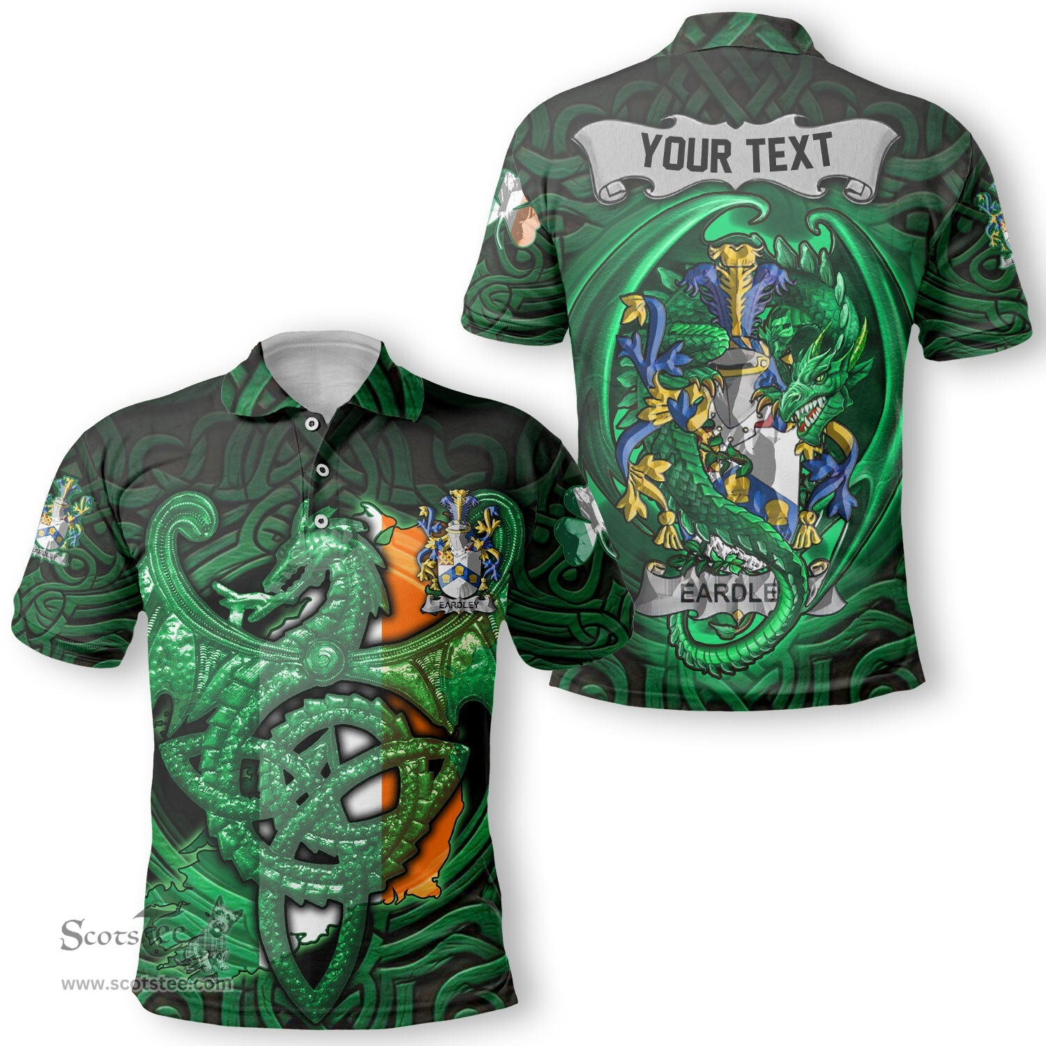 ScotsTee Shop Irish Eardley Coat of Arms Irish Polo Shirt Family Crest Green Dragon Of Ireland Polo Shirt
