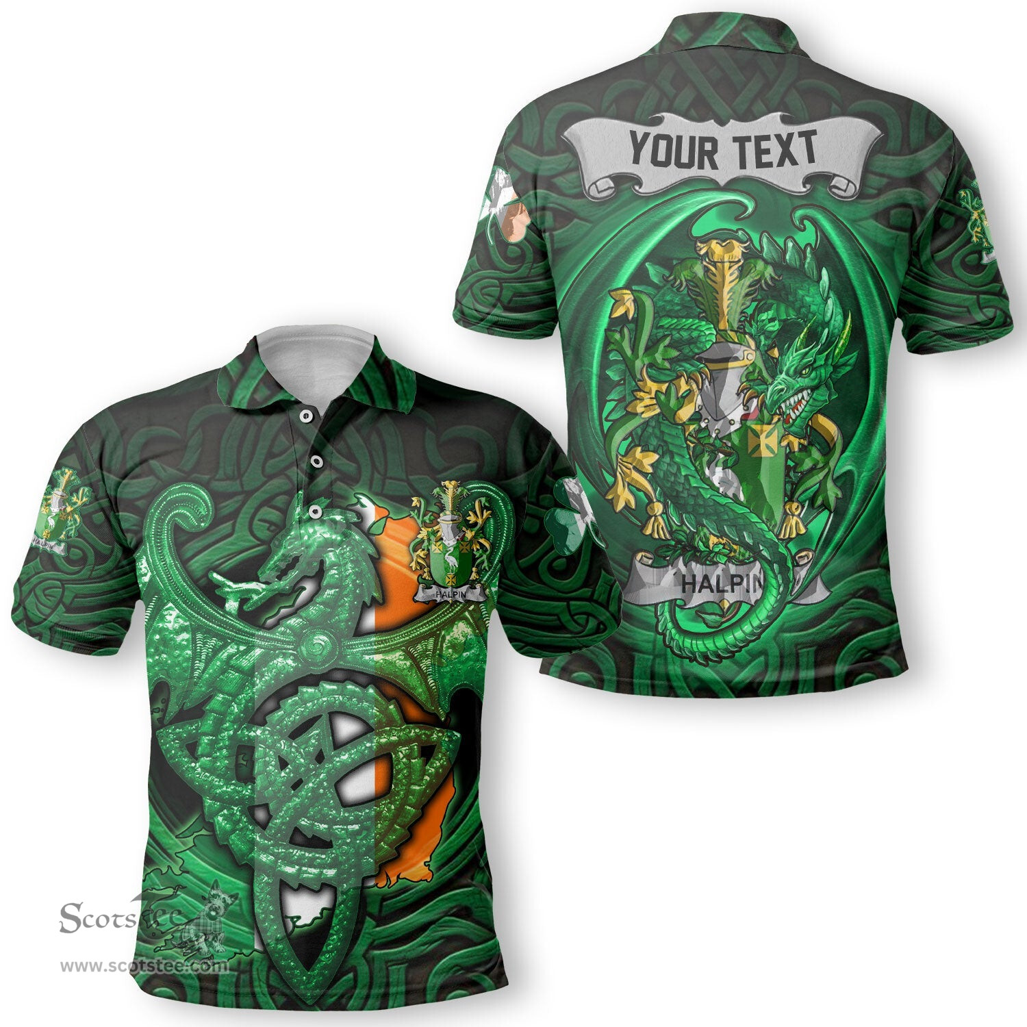 ScotsTee Shop Irish Halpin or O Halpin Coat of Arms Irish Polo Shirt Family Crest Green Dragon Of Ireland Polo Shirt