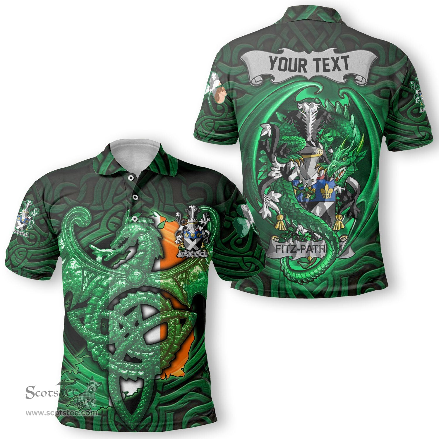 ScotsTee Shop Irish Fitz Patrick Coat of Arms Irish Polo Shirt Family Crest Green Dragon Of Ireland Polo Shirt
