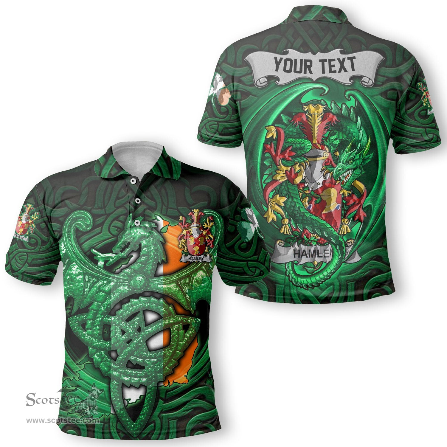 ScotsTee Shop Irish Hamley Coat of Arms Irish Polo Shirt Family Crest Green Dragon Of Ireland Polo Shirt