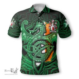 ScotsTee Shop Irish Devaney or O Devaney Coat of Arms Irish Polo Shirt Family Crest Green Dragon Of Ireland Polo Shirt