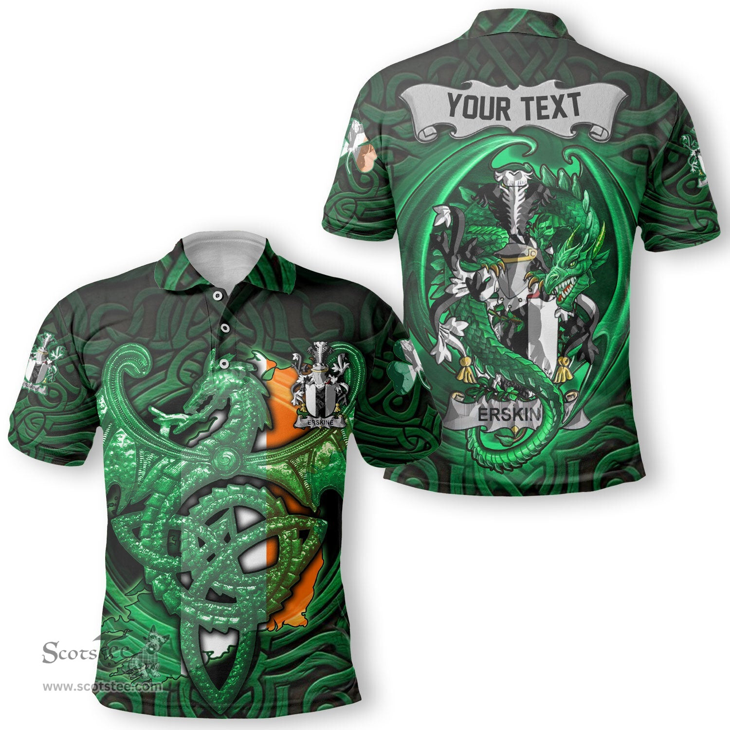 ScotsTee Shop Irish Erskine Coat of Arms Irish Polo Shirt Family Crest Green Dragon Of Ireland Polo Shirt