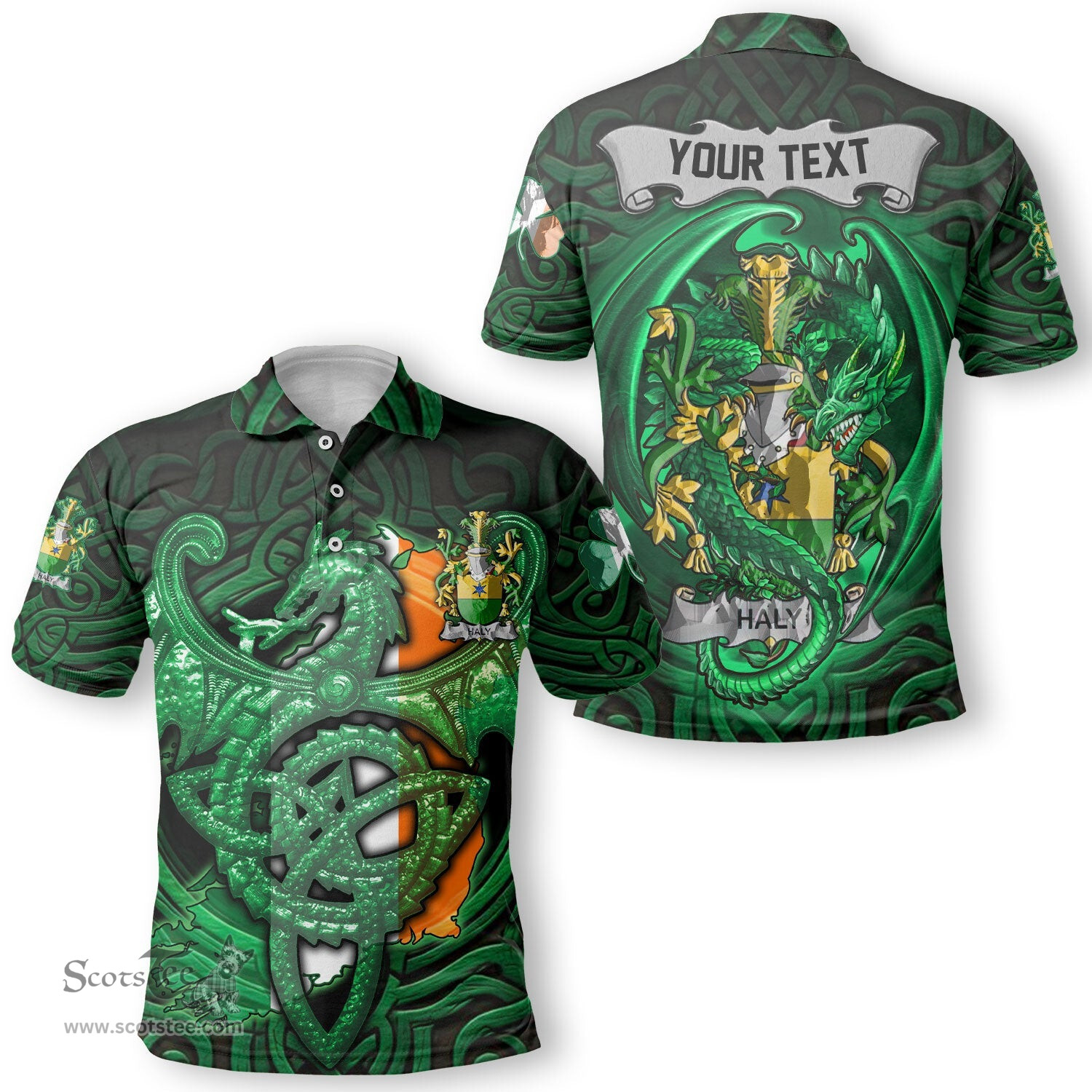 ScotsTee Shop Irish Haly or O Haly Coat of Arms Irish Polo Shirt Family Crest Green Dragon Of Ireland Polo Shirt