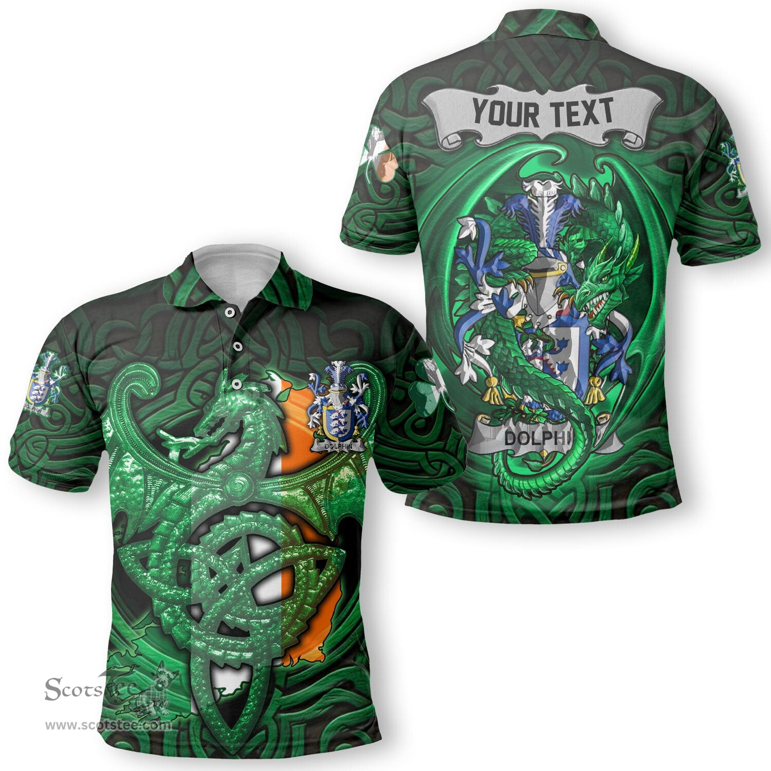ScotsTee Shop Irish Dolphin or Dolphyn Coat of Arms Irish Polo Shirt Family Crest Green Dragon Of Ireland Polo Shirt