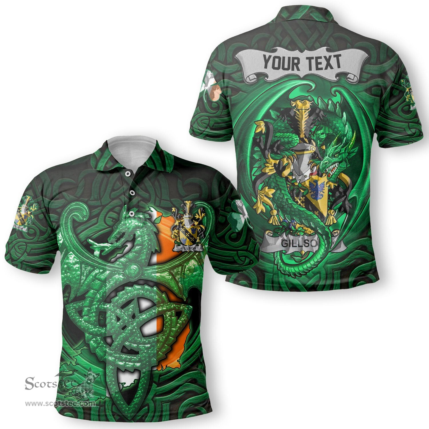 ScotsTee Shop Irish Gillson Coat of Arms Irish Polo Shirt Family Crest Green Dragon Of Ireland Polo Shirt