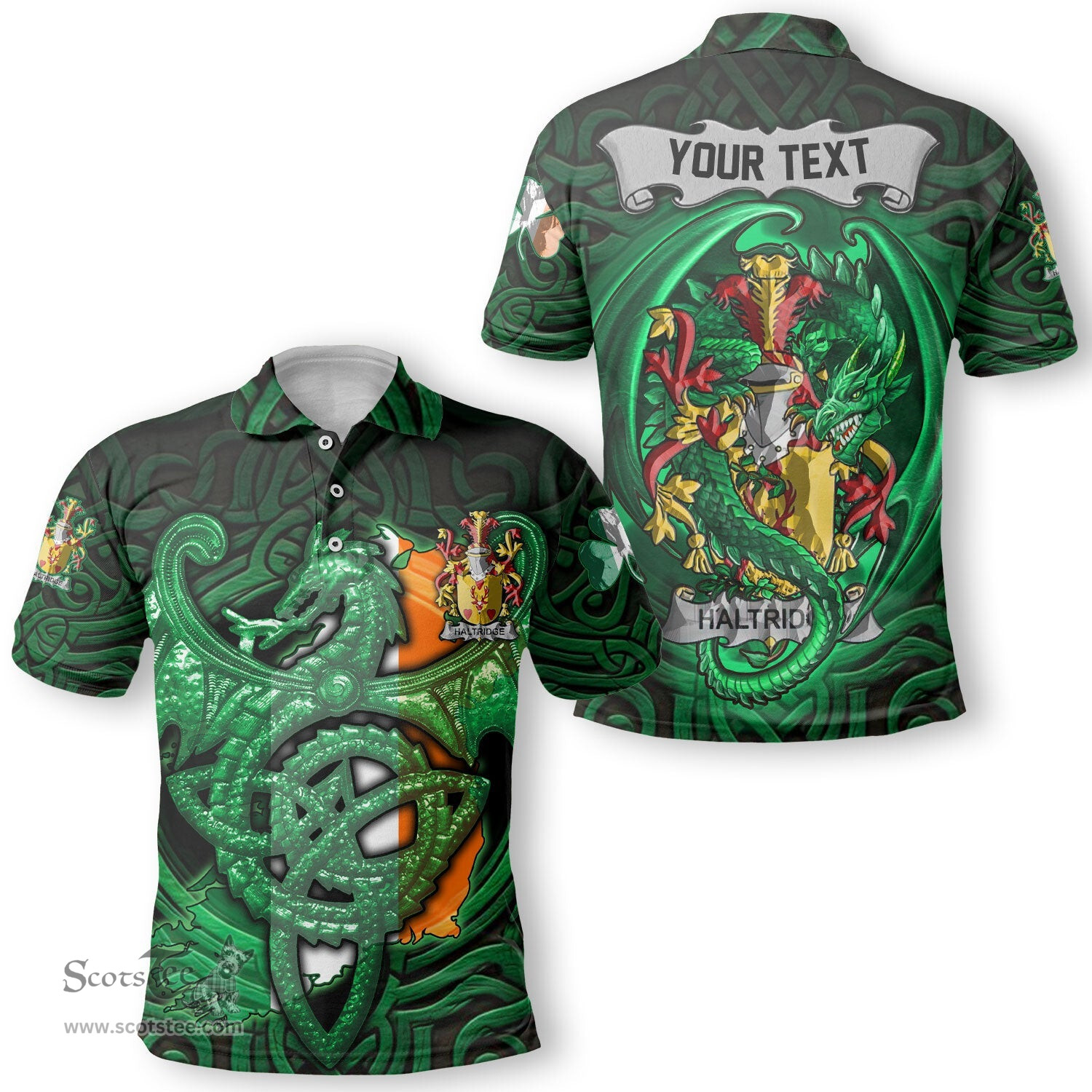 ScotsTee Shop Irish Haltridge Coat of Arms Irish Polo Shirt Family Crest Green Dragon Of Ireland Polo Shirt