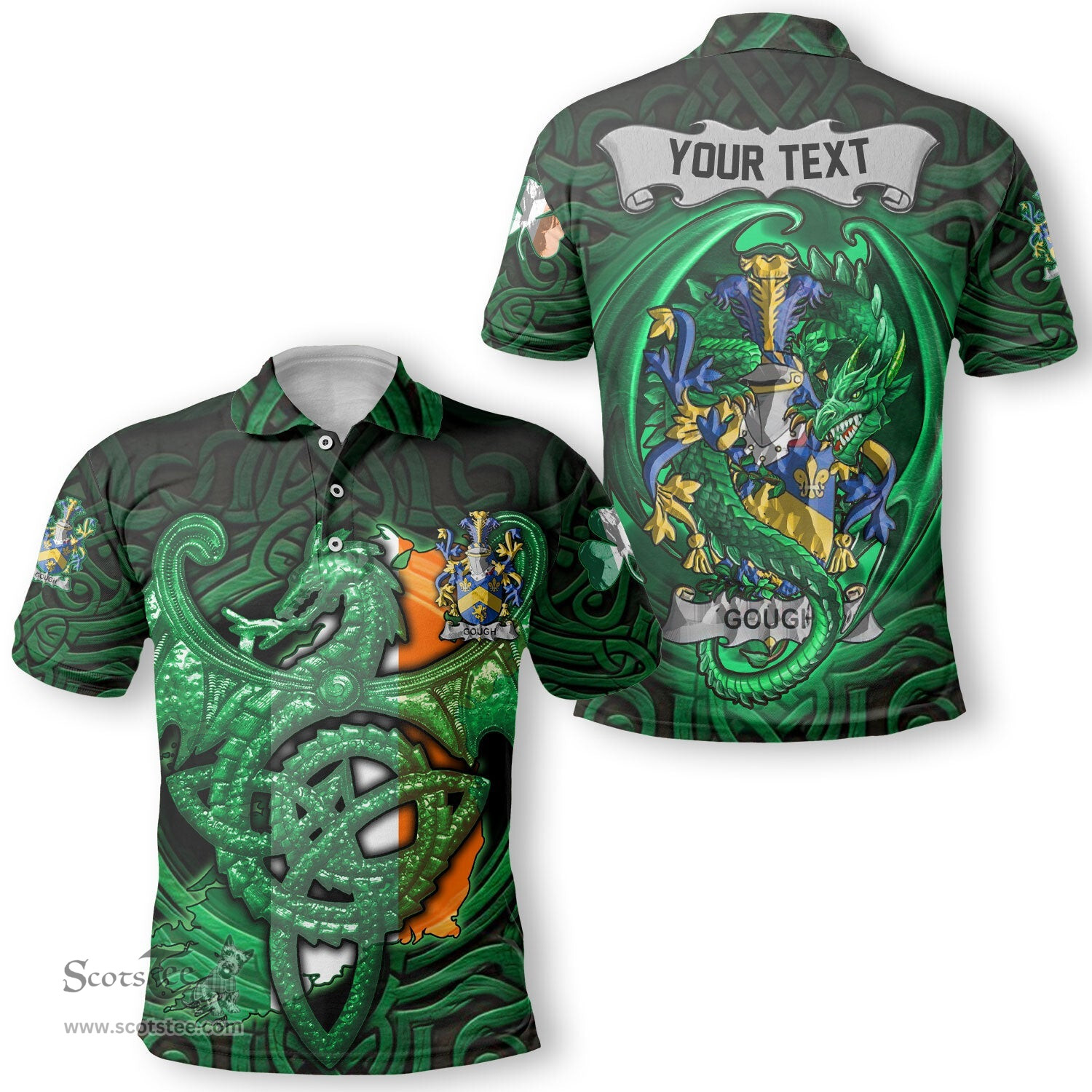 ScotsTee Shop Irish Gough Coat of Arms Irish Polo Shirt Family Crest Green Dragon Of Ireland Polo Shirt