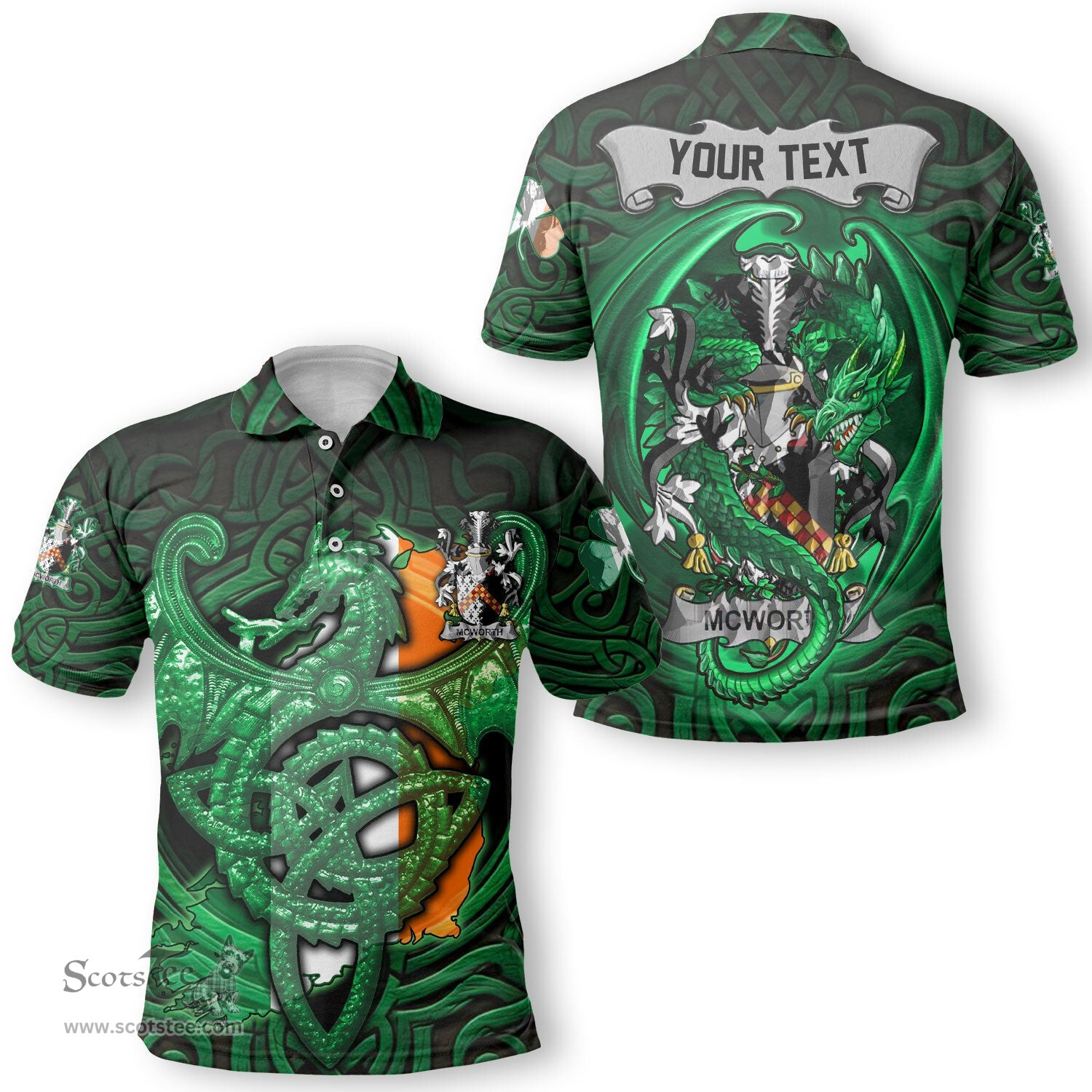 ScotsTee Shop Irish McWorth or MacWorth Coat of Arms Irish Polo Shirt Family Crest Green Dragon Of Ireland Polo Shirt