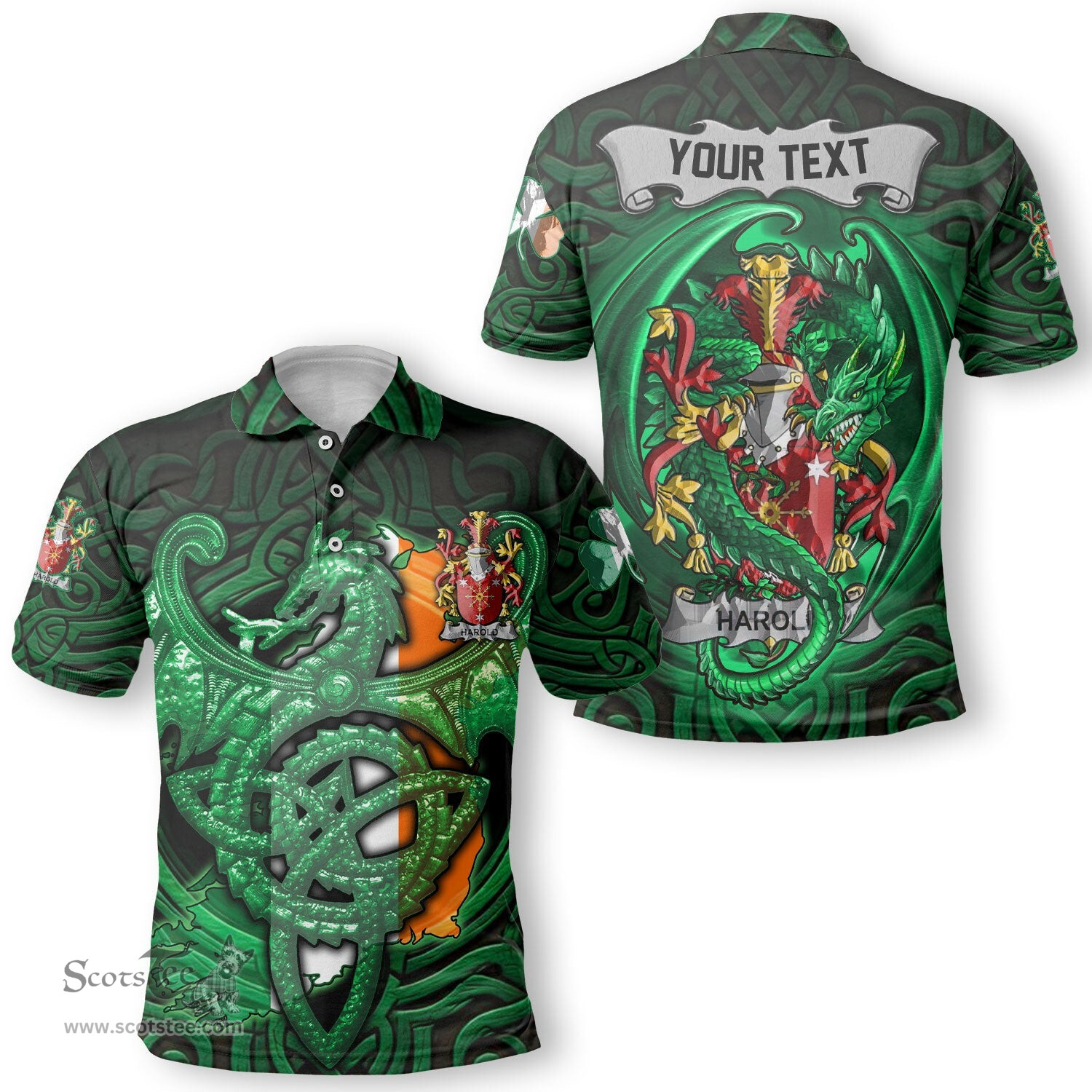 ScotsTee Shop Irish Harold or Harrell Coat of Arms Irish Polo Shirt Family Crest Green Dragon Of Ireland Polo Shirt