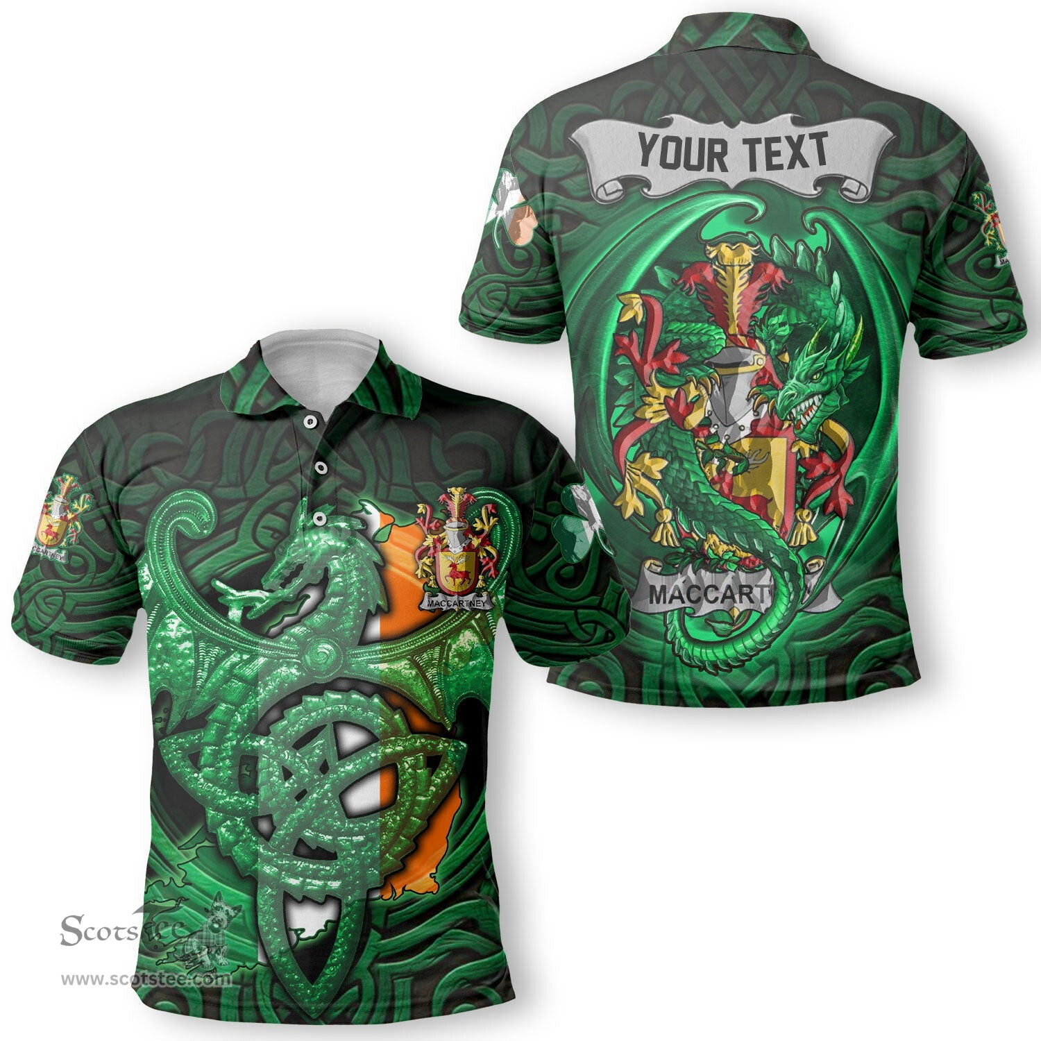 ScotsTee Shop Irish McCartney or MacCartney Coat of Arms Irish Polo Shirt Family Crest Green Dragon Of Ireland Polo Shirt