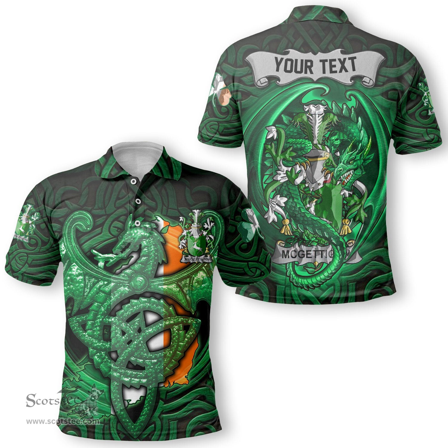 ScotsTee Shop Irish McGettigan or Gethin Coat of Arms Irish Polo Shirt Family Crest Green Dragon Of Ireland Polo Shirt