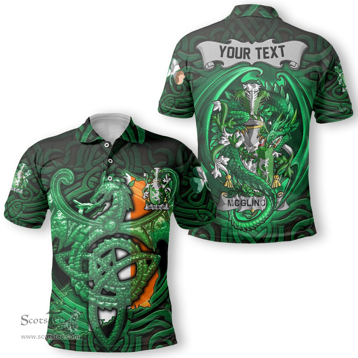 ScotsTee Shop Irish McGlinchy or McGlinchey Coat of Arms Irish Polo Shirt Family Crest Green Dragon Of Ireland Polo Shirt